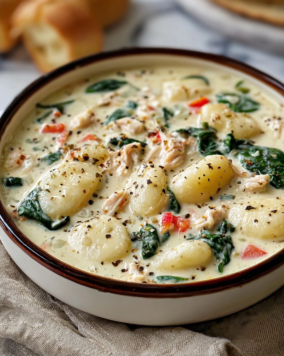 A bowl of creamy soup with several large, soft white gnocchi pieces floating in a thick off-white broth. There are layers of shredded light beige chicken, small chunks of red bell pepper, and dark green spinach leaves mixed throughout. The soup is sprinkled with ground black pepper, giving small dark specks on the surface. The bowl is white with a brown rim and sits on a beige cloth, all placed on a white marbled textured surface. In the background, some blurred light-colored bread is visible. photo taken with an iphone --ar 4:5 --v 7