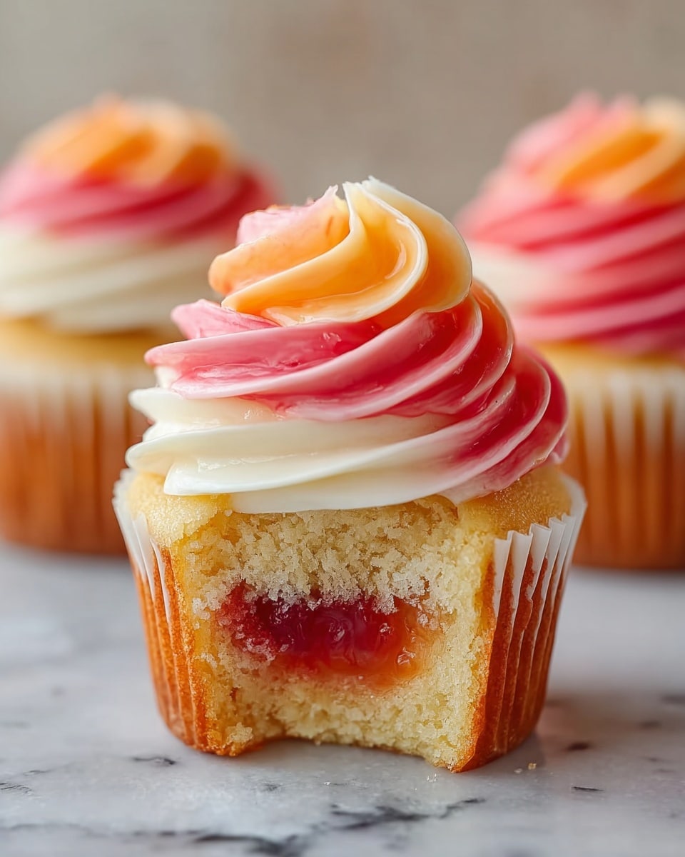 A close-up of a cupcake with three visible layers: the base layer is a golden brown cake with a moist and soft texture, the middle layer shows a bright red jelly or jam filling inside the cake, and the top layer features a large swirl of creamy frosting in three colors—white at the bottom, soft orange in the middle, and pinkish red at the top—each color blending smoothly into the next. The cupcake is placed on a white marbled surface, and two similar cupcakes are softly blurred in the background. photo taken with an iphone --ar 4:5 --v 7