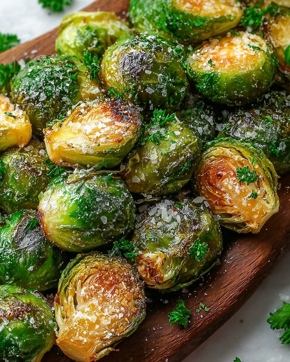 The image shows a close-up of roasted Brussels sprouts on a wooden board placed over a white marbled texture. The sprouts are halved, revealing a textured golden-brown, slightly crispy inner layer with shades of light brown and caramel, while the outer leaves remain a vibrant green with a glossy finish. Scattered over the sprouts are coarse white salt crystals and small bits of fresh green parsley leaves, adding texture and color contrast to the dish. The arrangement is dense, with the Brussels sprouts piled together, showing both the cut sides and whole rounded green sides. photo taken with an iphone --ar 4:5 --v 7