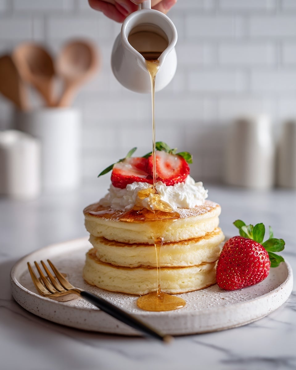 A stack of two thick, fluffy, pale yellow pancakes sits on a white plate with a rough texture, placed on a white marbled surface. Golden syrup is being poured over the top pancake from a small white jug held by a woman's hand above the stack, with syrup dripping down the sides and pooling on the plate. On top of the pancakes is a dollop of white whipped cream and two bright red sliced strawberries with green leaves, while a whole strawberry with green leaves rests on the plate beside the stack. A gold and black fork lies on the plate’s edge. The background features a soft-focus white tiled wall with some white kitchen containers. Photo taken with an iphone --ar 4:5 --v 7