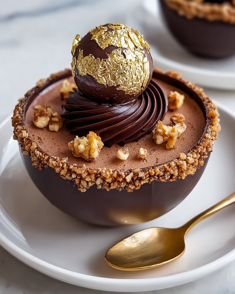 A small round dessert served in a glossy dark chocolate bowl with crushed nuts sticking to the outer rim. Inside, there is a soft, smooth milk chocolate mousse layer filling the bowl. On top, a thick swirl of dark chocolate cream is placed in the center. Sitting on the cream is a shiny chocolate ball decorated with crinkled gold foil. Small pieces of chopped nuts and gold flakes are scattered on the mousse around the cream. The bowl is set on a plain white plate with a gold spoon resting beside it, all on a white marbled surface. photo taken with an iphone --ar 4:5 --v 7