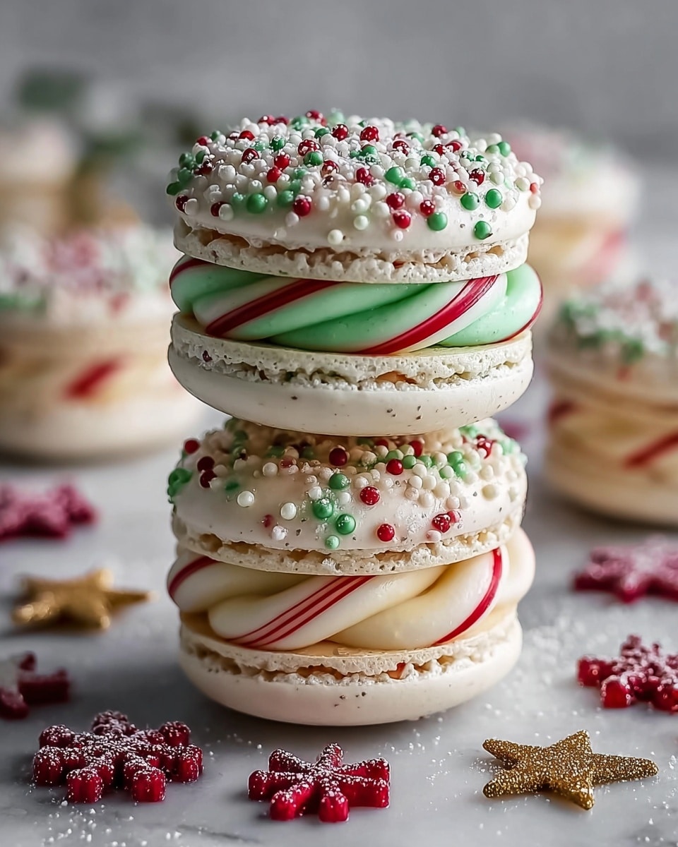 A tall stack of three macaron cookies sits on a white marbled surface, each macaron having two shells with a smooth texture; the top and bottom shells of the top and bottom macarons are white, sprinkled with red, green, and white round and small beads along with sugar crystals, while the middle macaron has green shells. Between each macaron shell is a thick spiral of white cream with red stripes reminiscent of candy canes. Around the stack are small golden star decorations and red snowflake-shaped candies, all dusted lightly with powdered sugar. Photo taken with an iphone --ar 4:5 --v 7