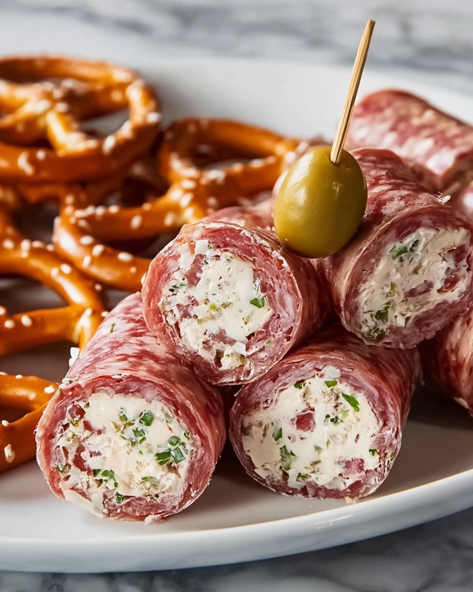 The image shows several rolled slices of salami filled with a white creamy mixture that has small green herbs and tiny bits of red inside, arranged closely together on a white plate. On top of one salami roll, there is a green olive skewered with a toothpick. Around the salami rolls, there are a few large pretzels with a golden-brown color and salt grains visible on them. The whole plate is placed on a white marbled surface. photo taken with an iphone --ar 4:5 --v 7
