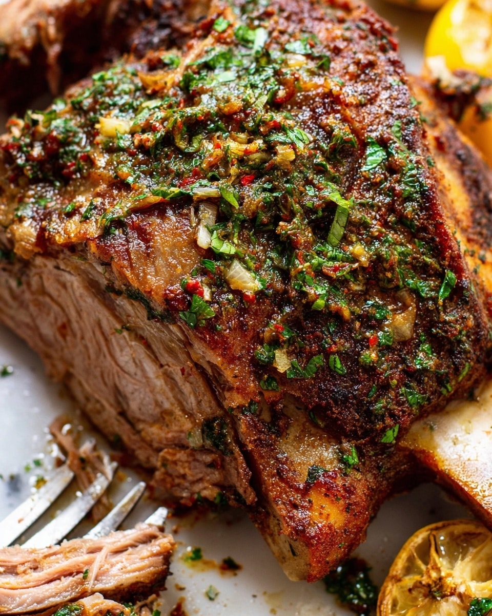 A close-up view of a large cooked meat rib with a thick, crispy brown crust topped with a chunky green and red herb sauce sprinkled with fresh parsley. The meat shows a slightly pink interior with grill marks, resting on a white surface, with some yellow lemon slices around the edges. The texture of the crust looks moist and well-seasoned, with a bone visible on the right side of the meat. There is a fork with shredded meat on the bottom left corner. The background is a white marbled texture. photo taken with an iphone --ar 4:5 --v 7