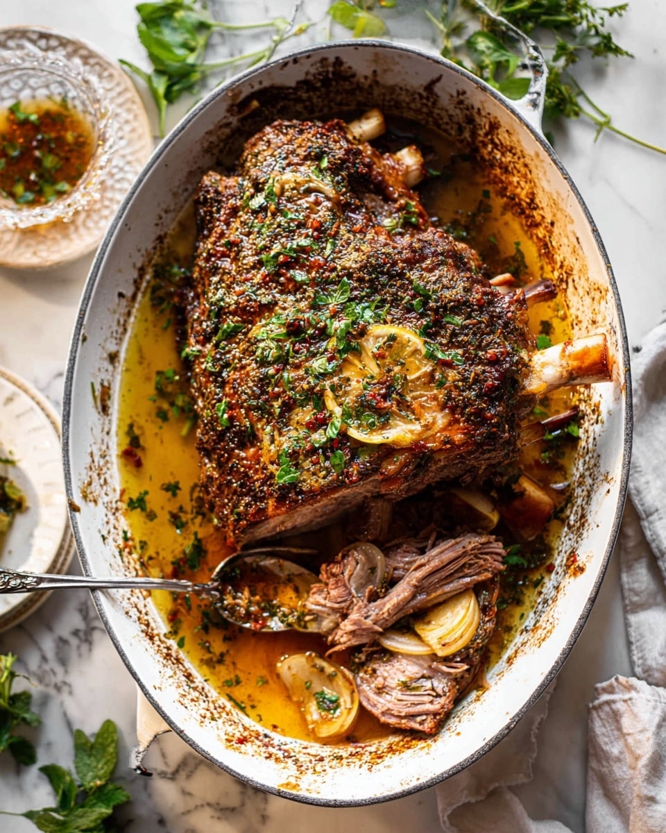 A large piece of roasted meat with a bone, covered in a textured, browned herb crust with green herbs sprinkled on top, rests in a white oval pan with browned edges. The pan contains layers of golden-brown roasted liquid, small browned onions, and a visible slice of lemon under the meat. A silver fork holds a piece of juicy, tender meat pulled from the main roast near the bottom left of the pan, while a silver spoon sits on the right side of the pan's handle. The pan is set on a white marbled surface scattered with fresh green herbs and a small glass bowl with a sauce in the background. The lighting highlights the rich textures and colors of the roasted meat and juices. photo taken with an iphone --ar 4:5 --v 7