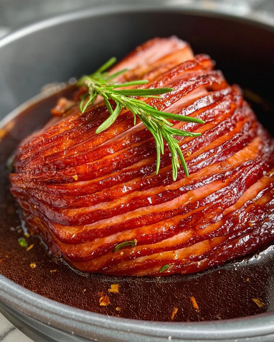 A shiny, glazed ham with deep reddish-brown color sits in a shiny metal pan filled with dark brown sauce. The ham is thinly sliced in layers, showing its tender inside with a slightly lighter shade of brown. On top of the ham, a fresh green rosemary sprig lays flat, adding a touch of freshness to the rich meat. The background is a white marbled texture. photo taken with an iphone --ar 4:5 --v 7