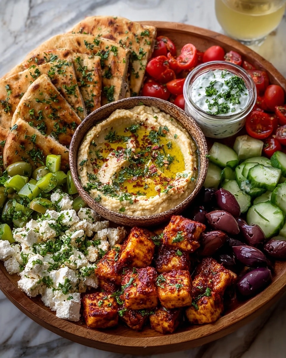 A wooden bowl is filled with a colorful Mediterranean platter arranged in sections. Starting from the top, there are golden-brown grilled pita bread triangles with green herbs on them, leaning against the side. In the center is a rustic bowl of creamy hummus topped with olive oil, chopped green herbs, and red seasoning. To the right of the hummus is a small bowl of white tzatziki sauce, also topped with chopped herbs. Below, there are bright green cucumber chunks next to shiny dark purple olives. In the lower right corner, there are glazed grilled paneer cubes with a reddish-brown spicy coating sprinkled with herbs. On the left side, there are crumbled white feta cheese with green herbs on top, juicy red chopped tomatoes with herbs, and more olives near the feta. In the background, there is a glass of light yellow drink. The whole scene sits on a white marbled texture surface. Photo taken with an iphone --ar 4:5 --v 7