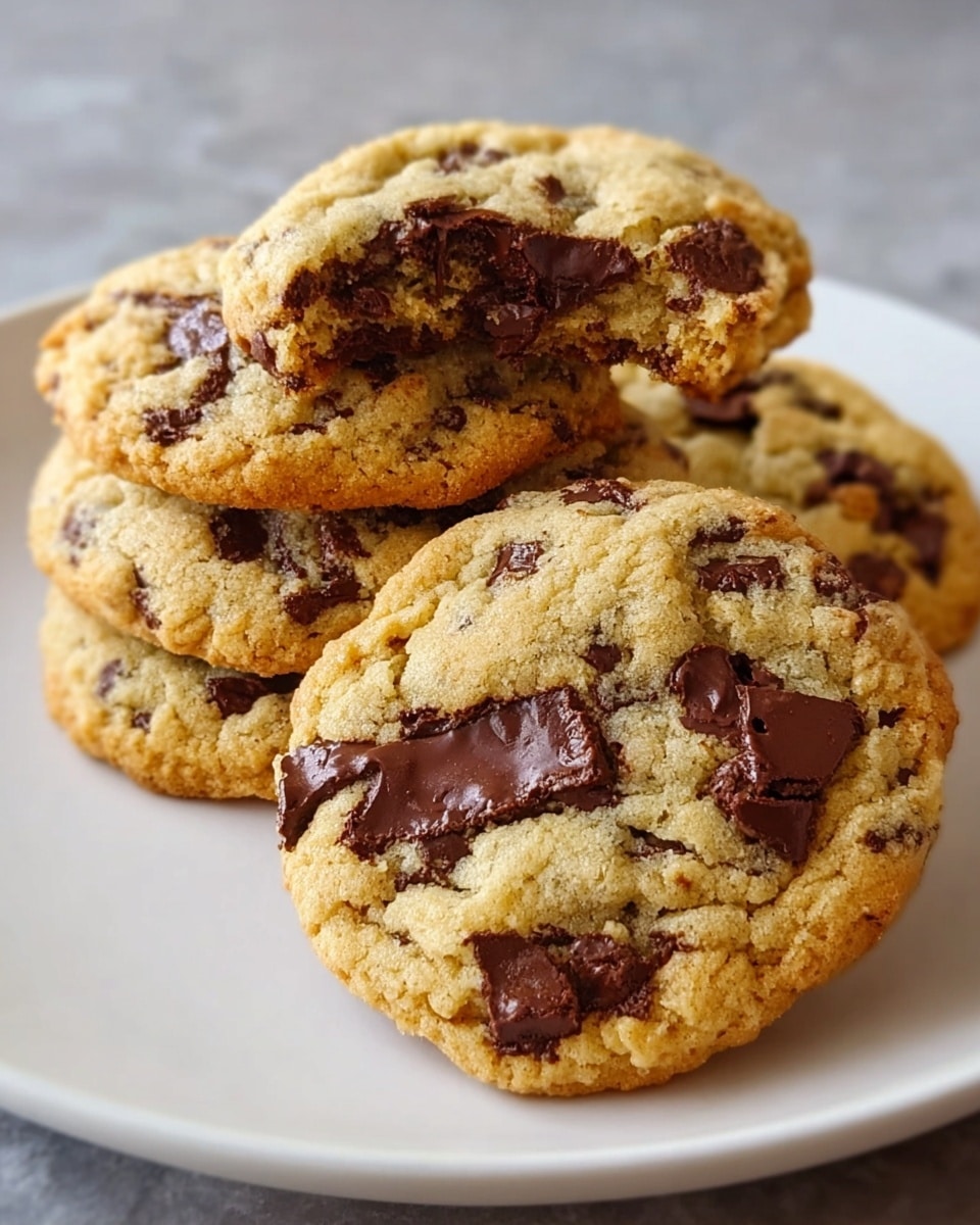 A white plate holds a small stack of four chocolate chip cookies. The cookies are golden brown with a slightly crumbly texture and are filled with large, dark chocolate chunks spread evenly throughout each cookie. One cookie is broken in half and placed on top, showing a soft, gooey chocolate center inside. The plate sits on a white marbled surface, and the light highlights the warm color and texture of the cookies. photo taken with an iphone --ar 4:5 --v 7