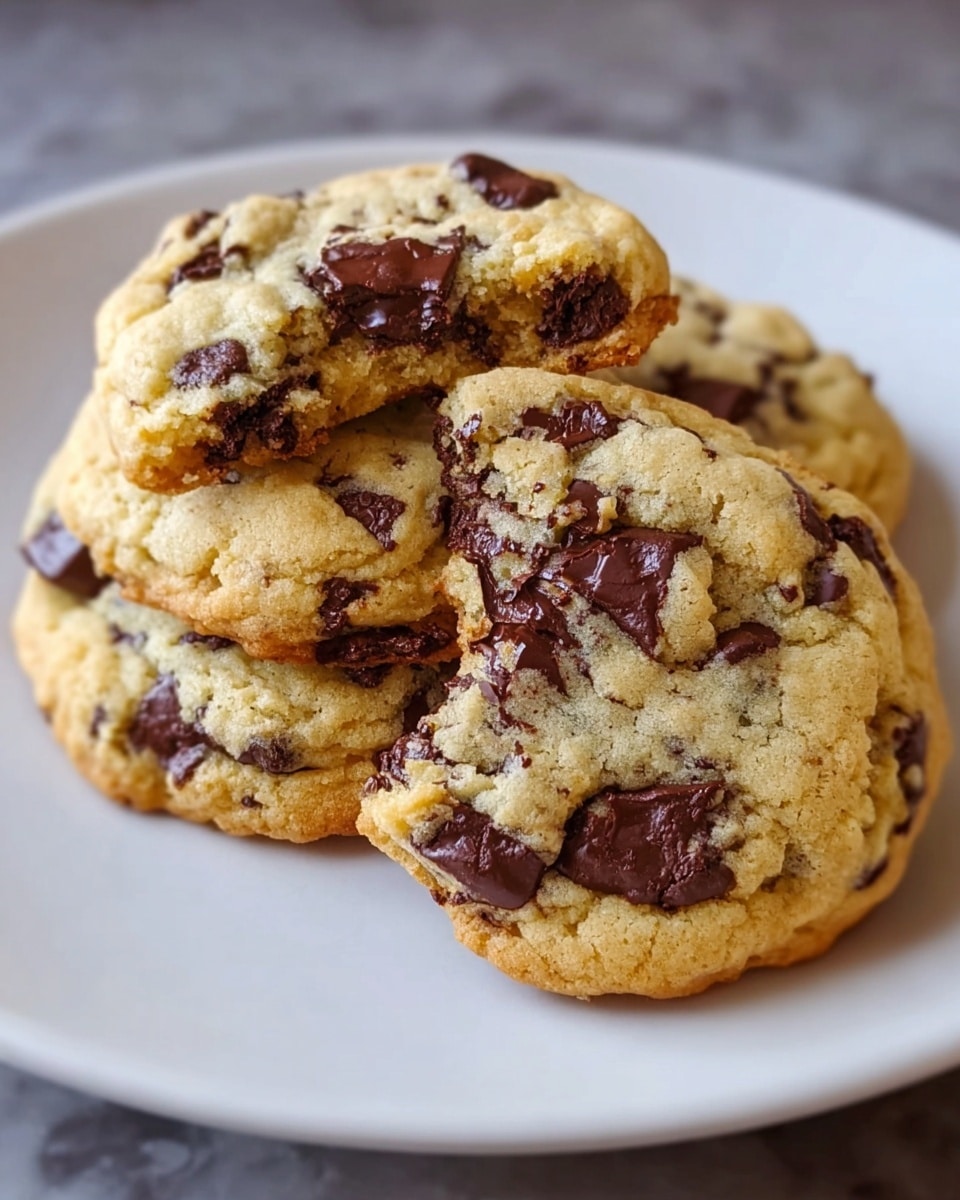 The image shows a white plate with four thick chocolate chip cookies stacked on it. The cookies are golden brown with a soft, slightly crumbly texture and filled with many dark brown, melted chocolate chunks scattered throughout. One cookie is placed on top, slightly broken to show the gooey chocolate inside. The plate is set on a white marbled surface, creating a clean and simple background. photo taken with an iphone --ar 4:5 --v 7