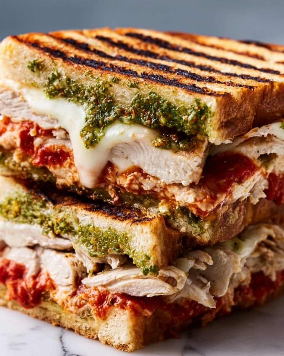 The image shows a close-up of a sandwich cut into two stacked halves on a white marbled surface. The sandwich has three visible layers of grilled bread with dark grill marks. The top and middle bread layers are light golden with green pesto spread on them. Between the bread layers, there are thick layers of cooked chicken with a light brown color, melted white cheese, and bright red sauce. The textures are clear, with the chicken looking tender, the cheese smooth and creamy, and the sauces slightly glossy. Photo taken with an iphone --ar 4:5 --v 7