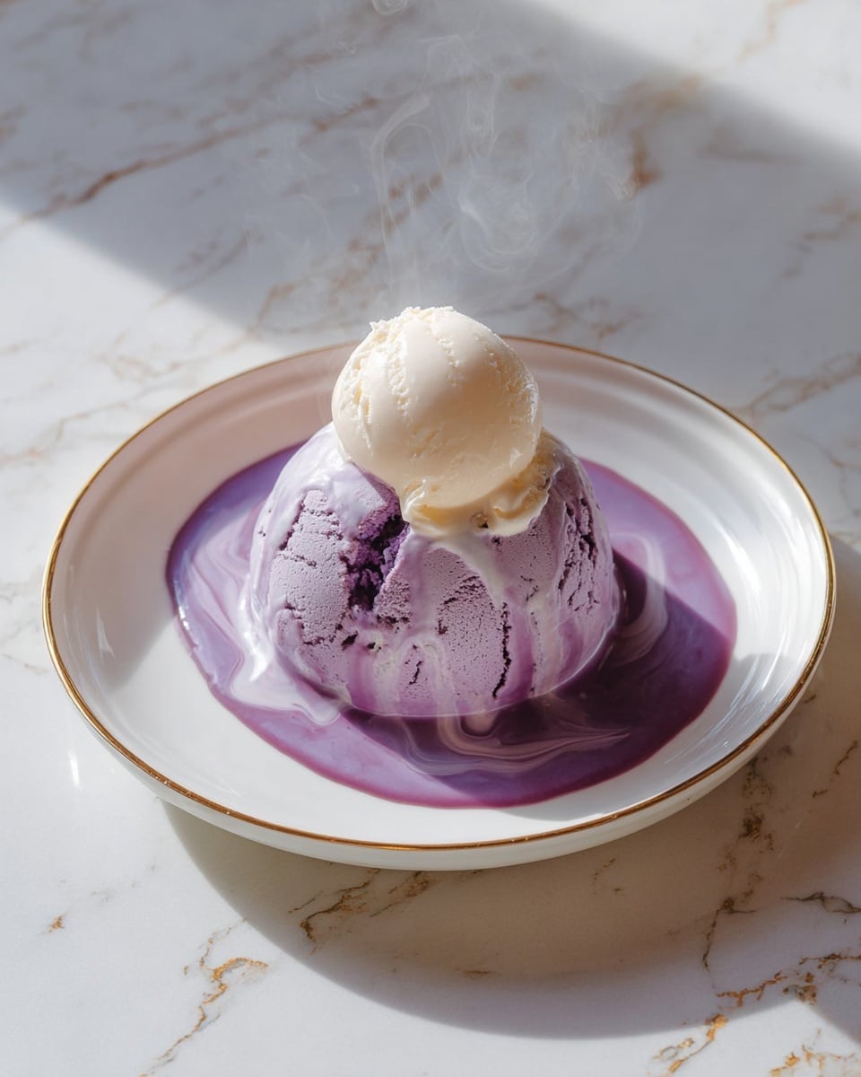A dessert with three layers sits on a white plate with a gold rim, placed on a white marbled surface. The bottom layer is shiny, soft purple sauce flowing out onto the plate. The middle layer is a cracked, dome-shaped light purple shell with a slightly rough texture, letting the sauce come through the cracks. The top layer is a smooth, creamy white scoop of ice cream placed on the cracked dome. Steam rises gently from the dessert, showing it is warm. Photo taken with an iphone --ar 4:5 --v 7