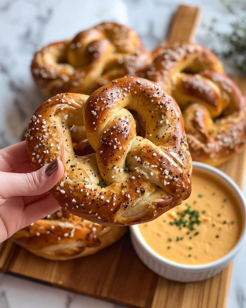 A close-up image shows a woman's hand holding a golden-brown soft pretzel with a shiny crust sprinkled with coarse salt and black pepper. Behind the pretzel, several more similar pretzels rest on a wooden board, each with the same golden color and seasoning. On the wooden board near the pretzels is a white bowl filled with a creamy orange cheese dip garnished with small bits of green herbs. The scene is set on a white marbled surface that adds contrast to the warm tones of the pretzels and dip. photo taken with an iphone --ar 4:5 --v 7