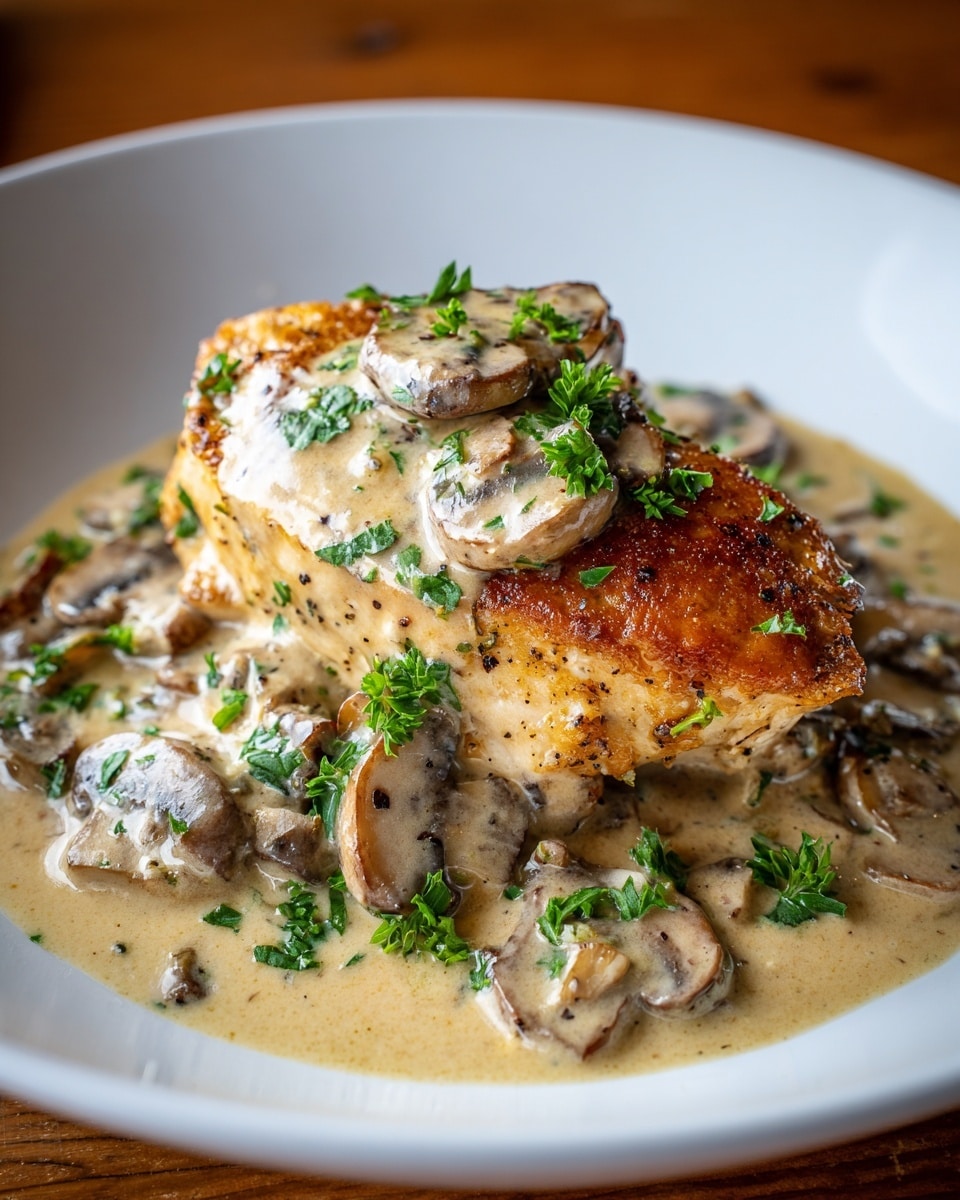 A white deep plate holds a single golden-brown pan-seared chicken breast at the center, topped with a creamy light beige mushroom sauce that spreads around the chicken to cover the bottom of the plate. The sauce contains soft, sautéed mushroom slices scattered both on the chicken and around it. Fresh chopped parsley with a bright green color is sprinkled generously over the chicken and sauce, adding a fresh touch. The sauce appears silky with visible small bits of garlic and black pepper, and the chicken has a crispy, textured skin. The plate is placed on a warm wooden surface. photo taken with an iphone --ar 4:5 --v 7