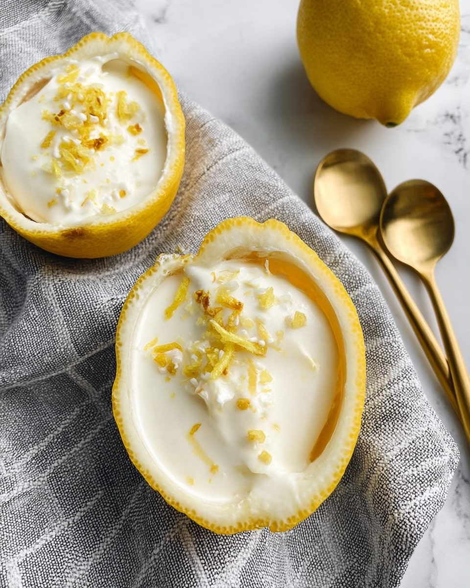 The image shows two lemon halves filled with a smooth, creamy white dessert, sprinkled with small pieces of yellow lemon zest and tiny white flakes on the top. The lemon halves have a bright yellow rind with a textured surface, resting on a grey and white striped cloth. To the right, there are two shiny golden spoons leaning against the cloth, and a whole lemon is partially visible in the upper right corner on a white marbled surface. The overall look is fresh, light, and clean, emphasizing the citrus and creamy texture. photo taken with an iphone --ar 4:5 --v 7