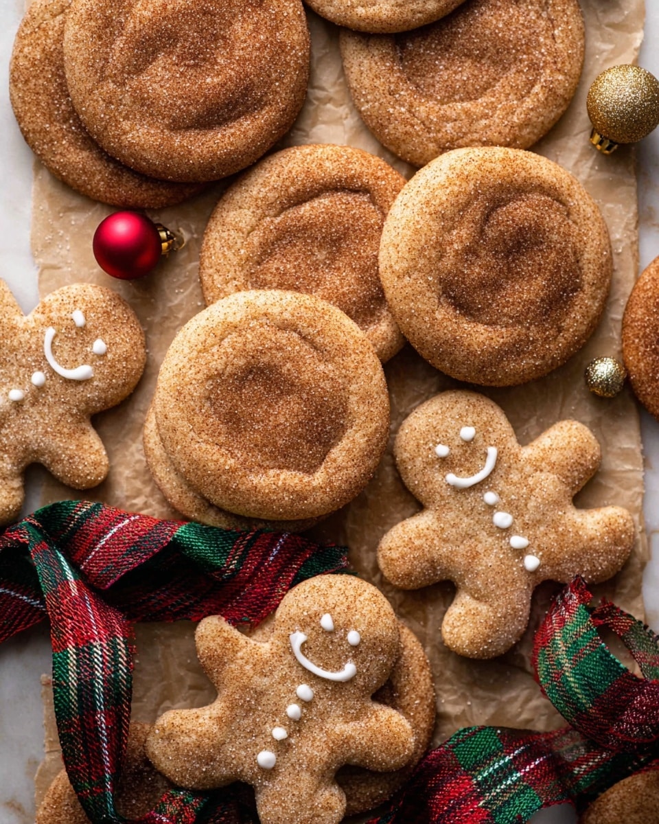 A close-up of several round, snickerdoodle cookies with a light golden-brown color and a slightly cracked surface dusted with sugar, spread out on parchment paper over a white marbled texture. Among them are small gingerbread man cookies decorated with white icing features: eyes, mouth, buttons, and zig-zag lines on arms and legs. A red, green, and gold plaid ribbon weaves through the cookies and two small round Christmas ornaments, one red and one gold, add a festive touch to the scene, photo taken with an iphone --ar 4:5 --v 7