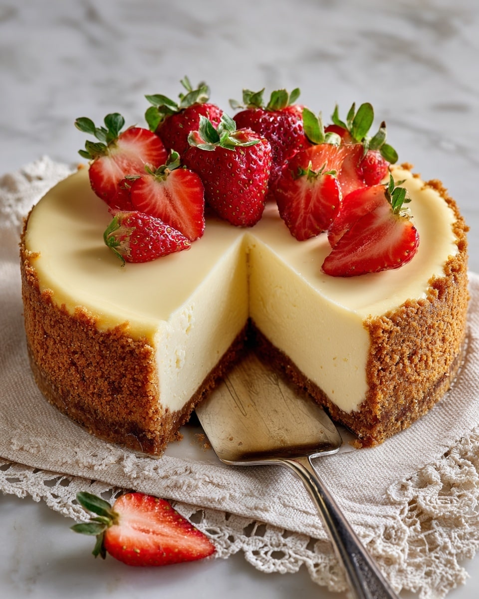 A round cheesecake with a thick, crumbly golden brown crust forming the base and sides, topped with a creamy, smooth pale yellow cheese layer. The cake has a slice being lifted by a metal spatula, showing the even thickness and soft texture of the cheese layer. On top of the cheesecake are fresh, whole and halved strawberries with green leaves, arranged near the edge. The cheesecake rests on a soft beige cloth with lace edging, all set on a white marbled surface. Photo taken with an iphone --ar 4:5 --v 7