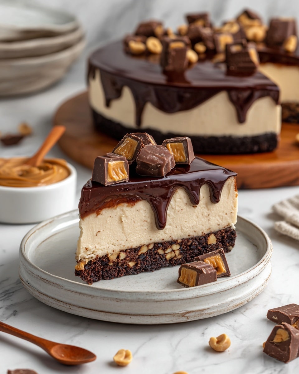 A three-layer slice of cake sits on a white plate with a slightly rustic edge. The bottom layer is a dark brown crumbly crust with bits of nuts visible. Above this is a thick, smooth, creamy light beige middle layer. The top layer is a glossy dark chocolate ganache that slightly drips down the sides. On top of the ganache are chunks of chocolate candy with peanut butter centers, giving hints of golden yellow and dark brown. In the background on a wooden board sits the rest of the cake, and scattered peanuts and chocolate pieces are nearby on a white marbled surface. A small bowl of peanut butter with a wooden spoon is also in the scene. Photo taken with an iphone --ar 4:5 --v 7