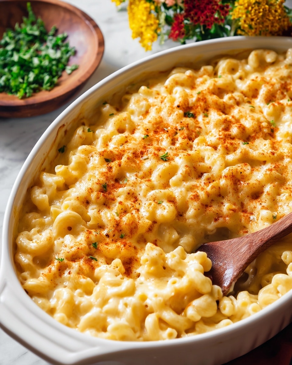 A white oval baking dish filled with creamy macaroni and cheese, showing one thick layer of elbow macaroni pasta all covered in smooth, melted cheese sauce with a light golden-yellow color, sprinkled evenly with a fine layer of reddish paprika seasoning on top. A wooden spoon is partially dipped in the macaroni on the right side of the dish. In the background, there is a small round wooden bowl filled with fresh chopped green herbs, placed on a white marbled surface, with some yellow and red flowers blurred out on the upper right side. Photo taken with an iphone --ar 4:5 --v 7