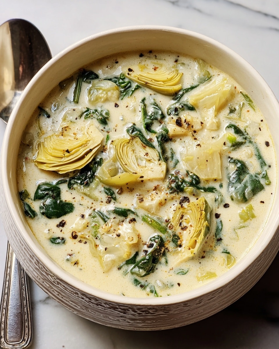 A creamy soup fills a round white bowl with textured sides, showing several pale yellow artichoke pieces and dark green spinach leaves mixed throughout the thick, light beige broth. The creamy surface is speckled with cracked black pepper, adding small dark spots that contrast with the soft colors of the soup. The bowl rests on a white marbled surface, with a silver spoon placed to the left side. photo taken with an iphone --ar 4:5 --v 7