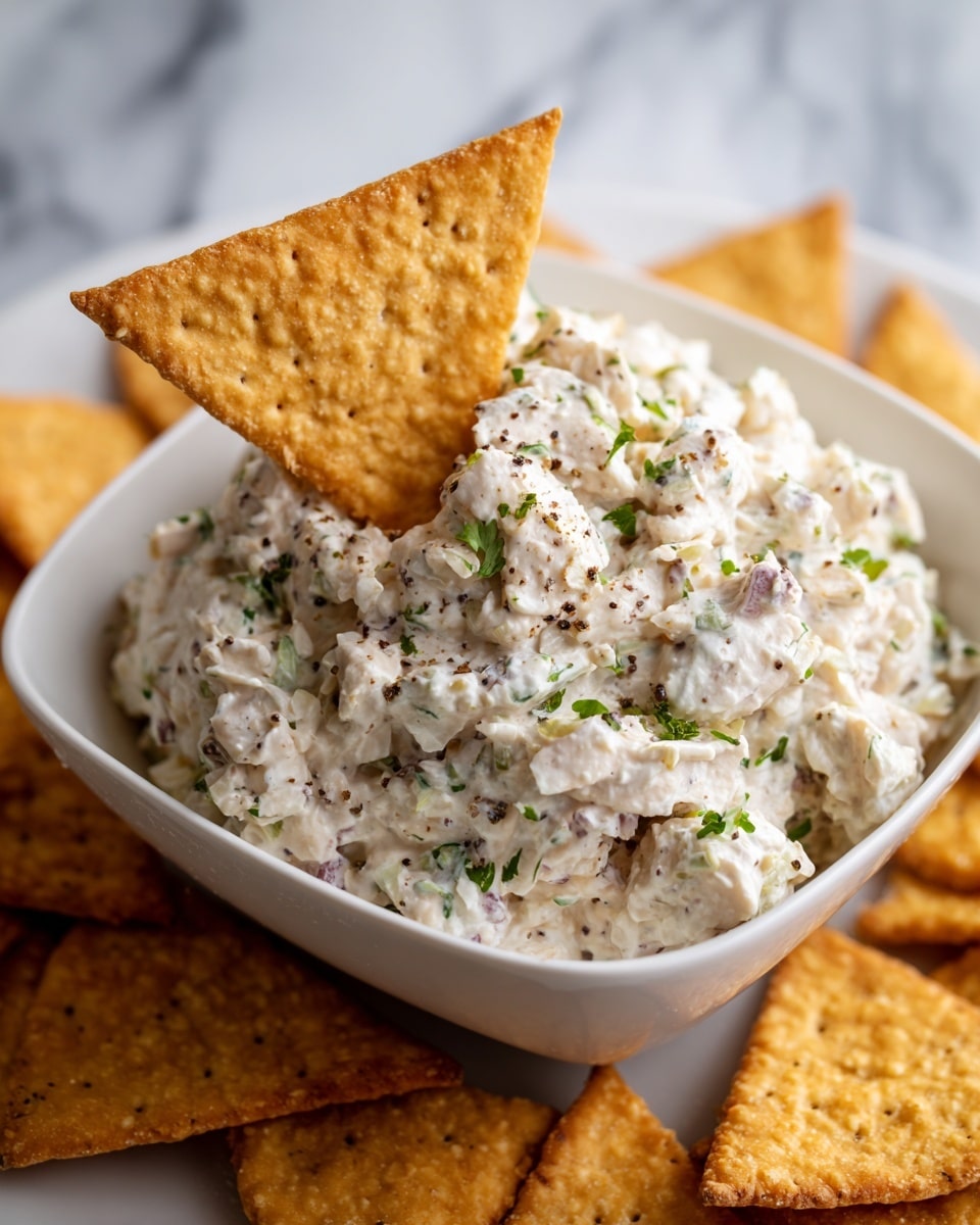 The image shows a white square bowl filled with a creamy, chunky chicken salad that appears white with small green herb bits and black pepper specks throughout. A golden-brown triangle cracker is dipped into the salad, standing upright in the bowl. Surrounding the bowl on a white marbled surface are more golden-brown triangle crackers, scattered casually. The overall scene captures a close-up view with soft natural lighting. Photo taken with an iphone --ar 4:5 --v 7
