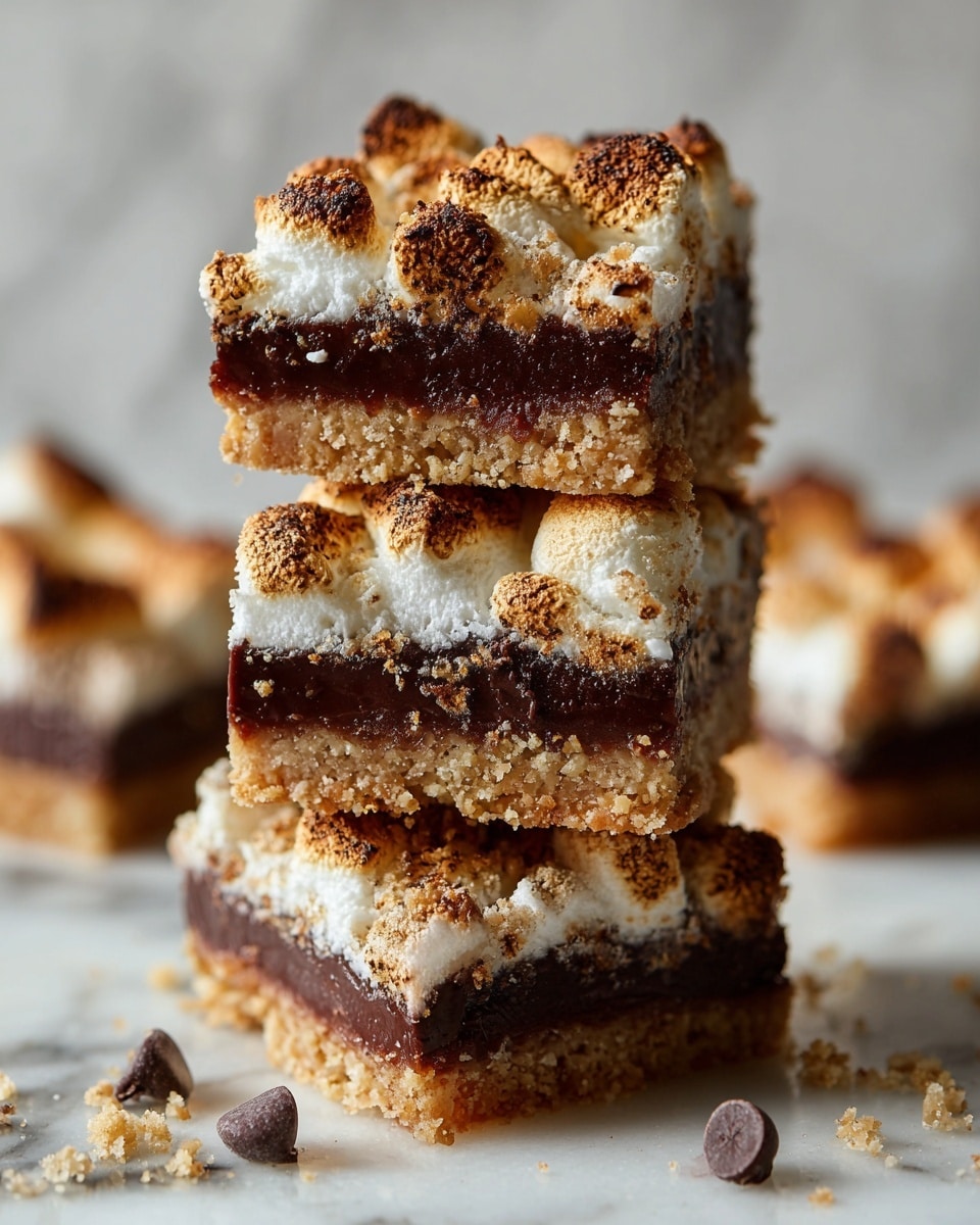 A tall stack of four dessert squares shows three layers each: a bottom golden brown crumbly layer, a middle thick dark chocolate layer with a rich, slightly glossy texture, and a top layer of toasted, unevenly browned marshmallows with a soft, puffy look. The squares are stacked directly on a white marbled surface with crumbs and chocolate chips scattered around. Photo taken with an iphone --ar 4:5 --v 7