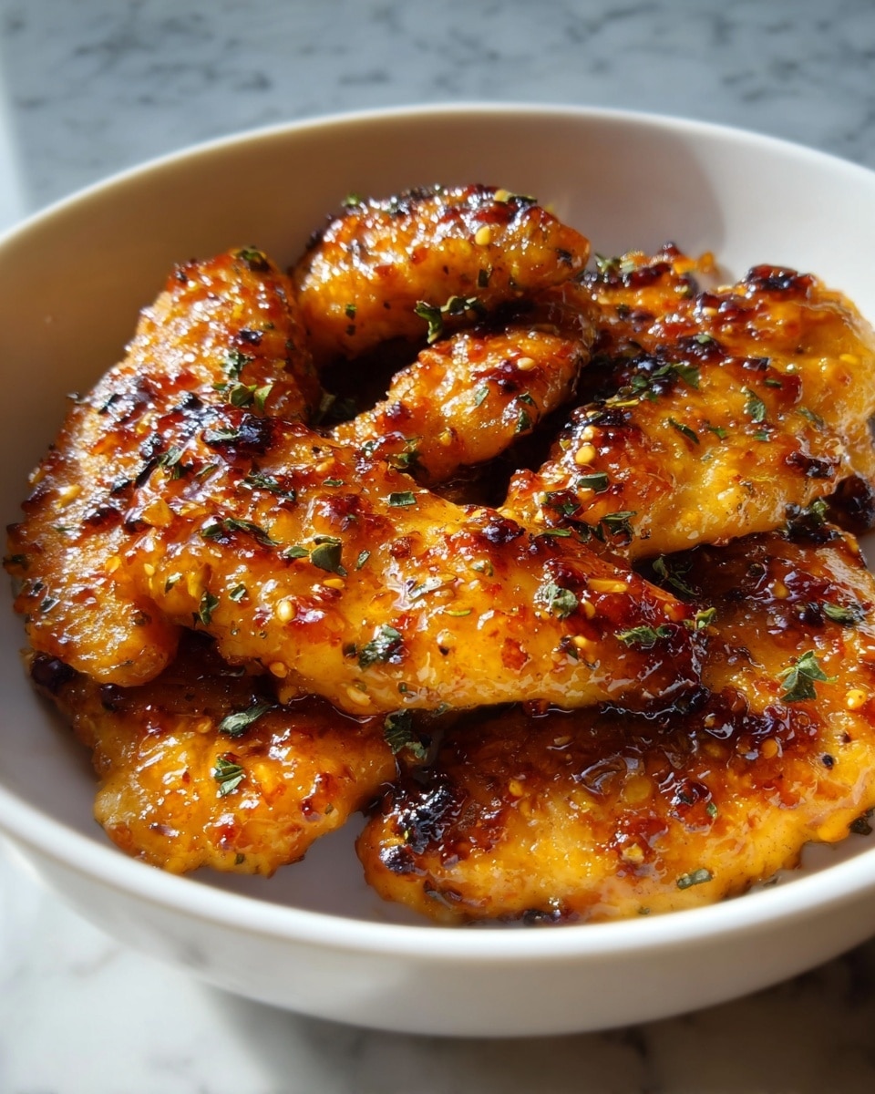 A white bowl holds about six pieces of golden brown chicken tenders, each coated in a shiny, sticky glaze with a rich amber color and speckled with green herbs. The chicken has a slightly crispy texture with some charred bits visible on the surface, giving it a caramelized look. The pieces are layered so that some sit on top of others, filling the bowl almost to the rim. The glaze catches the light, emphasizing the moist, flavorful coating on the chicken. The background features a white marbled texture with soft natural light highlighting the dish. photo taken with an iphone --ar 4:5 --v 7
