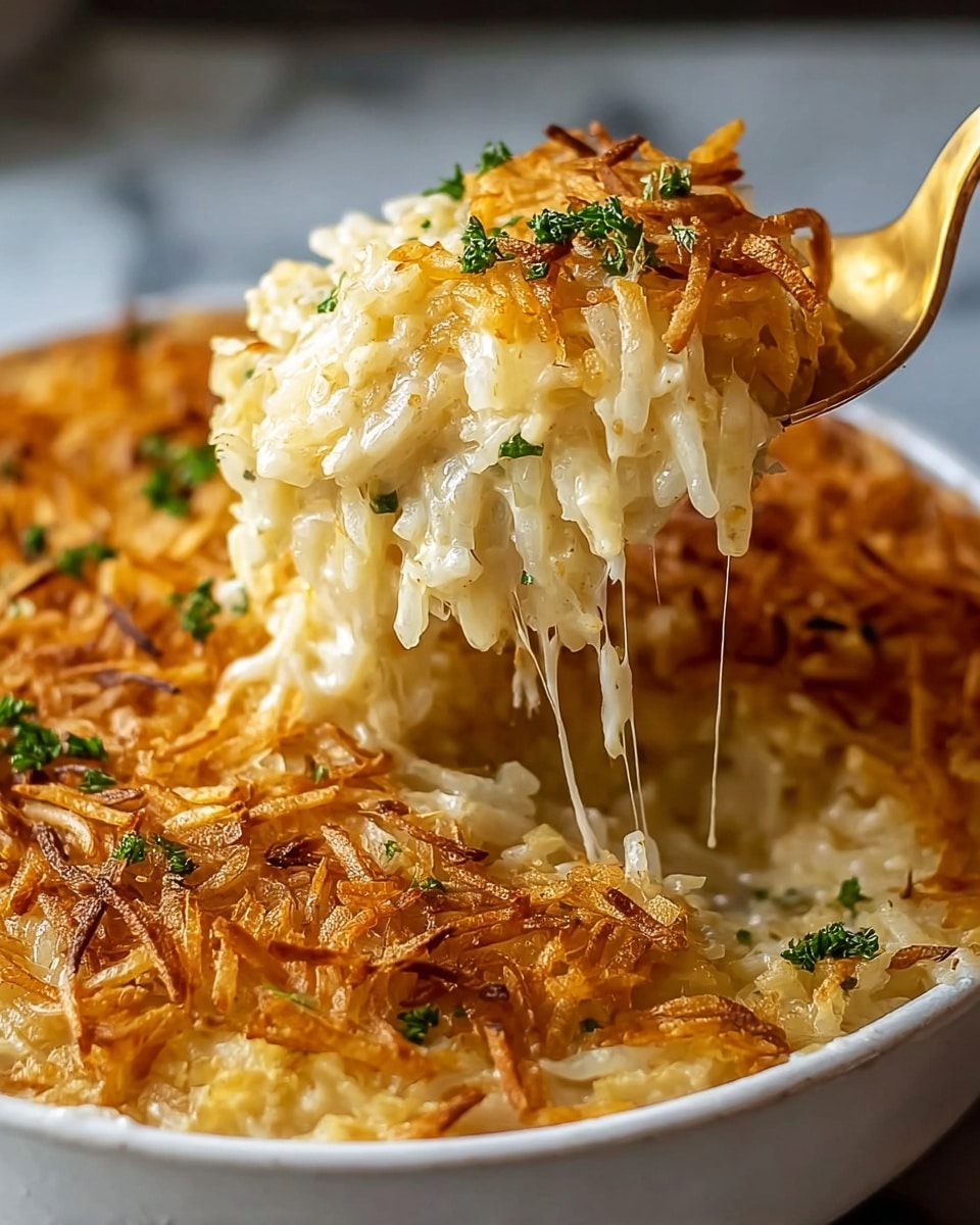 A close-up view of a white round dish filled with creamy, cheesy hash brown casserole. The bottom and middle layers are soft, light yellow shredded potatoes mixed with melted cheese, seen stretching as a golden spoon lifts a portion. The top layer is a crispy, golden brown crust of fried potato shreds, adding crunch. Small pieces of green parsley are sprinkled on the creamy layer underneath the crispy top. The dish sits on a white marbled surface. Photo taken with an iphone --ar 4:5 --v 7