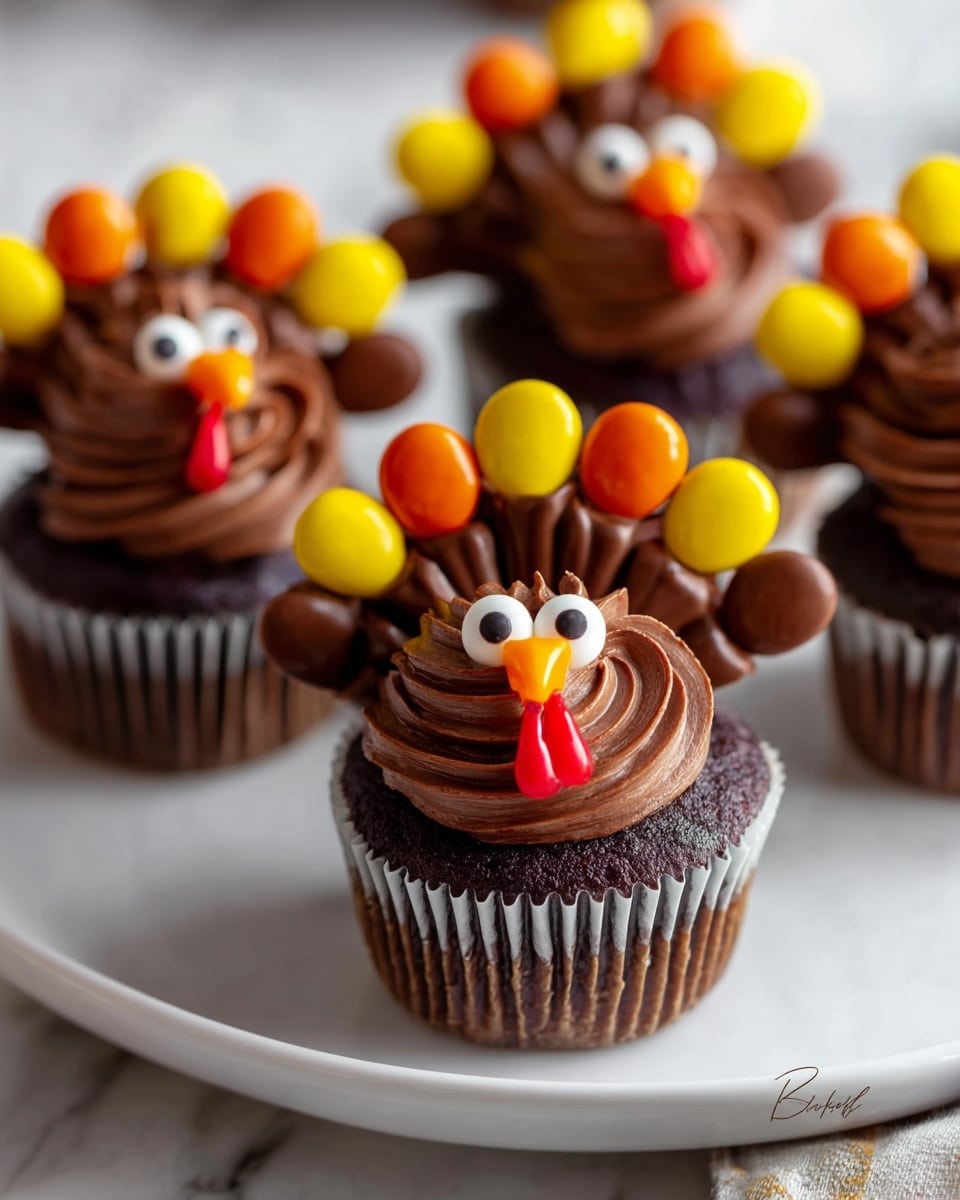 The image shows chocolate cupcakes decorated like turkeys on a white plate, placed on a white marbled surface. Each cupcake has a base of dark chocolate cake topped with a thick swirl of smooth, dark chocolate frosting. Around the back edge of the frosting, a row of colorful candy-coated chocolates creates a fan of feathers in bright orange, yellow, and brown colors. At the front, a small chocolate cup is positioned to form the turkey's face, with two round white candy eyes that have dark chocolate pupils. An orange candy piece forms the beak, and a red gummy candy simulates the wattle hanging from the beak. The decorations together look like playful turkey faces making the cupcakes festive. photo taken with an iphone --ar 4:5 --v 7