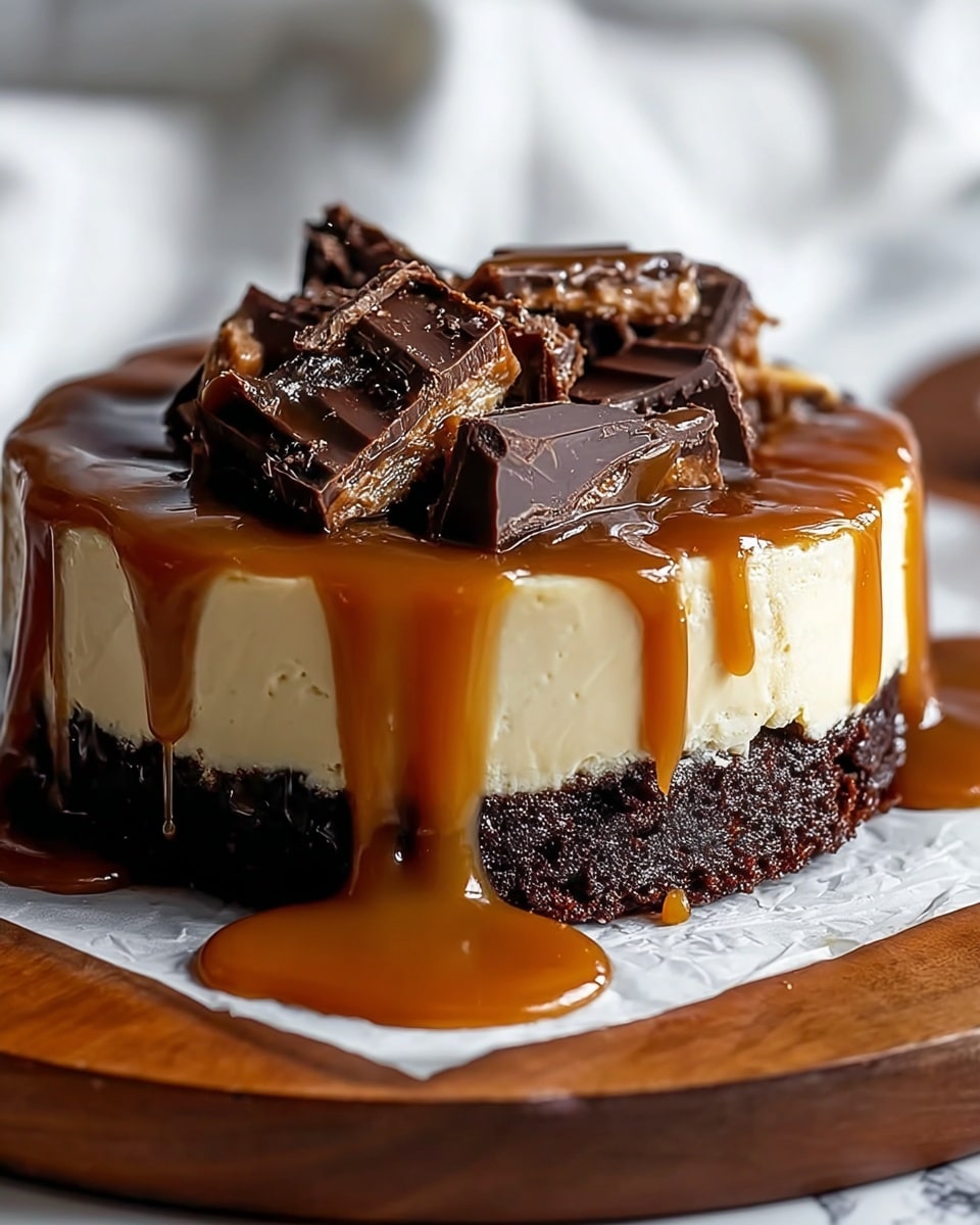 The dessert shows three clear layers: the bottom layer is dark brown and looks moist and crumbly like chocolate cake, the middle layer is thick, smooth, and creamy with a light beige color, and the top layer is a shiny caramel sauce dripping down the sides. On top, there are irregular chunks of dark chocolate placed in the center. The dessert is on white parchment paper over a round wooden board, with some caramel sauce spilling onto the board. The background is a white marbled texture. photo taken with an iphone --ar 4:5 --v 7