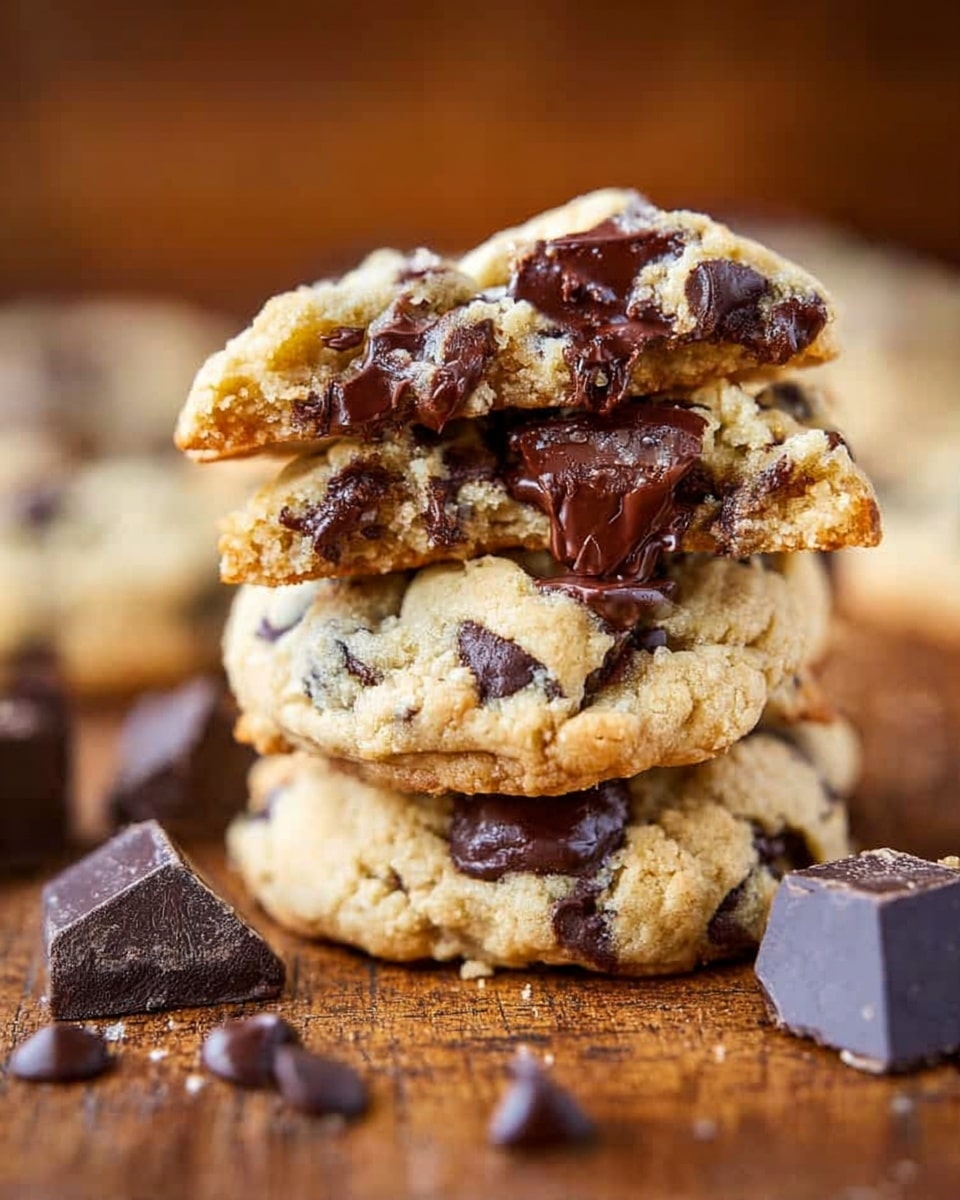 A stack of three thick, chunky chocolate chip cookies sits on a brown wooden surface, with the top cookie broken in half to reveal gooey, melted dark chocolate chunks inside. The cookies have a golden beige color, soft texture with slight crisp edges, and scattered dark chocolate chips throughout. Around the stack, there are a few loose dark chocolate chunks. The whole scene is close-up, with a shallow depth of field making the background blurred and warm-toned. photo taken with an iphone --ar 4:5 --v 7