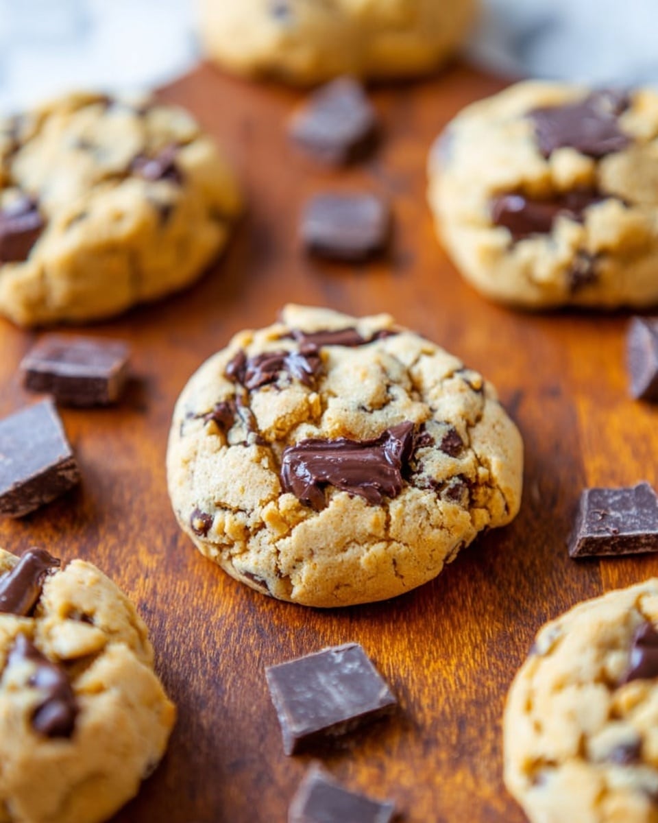 The image shows several chocolate chip cookies placed on a wooden surface, with one cookie in the center in clear focus. Each cookie is round and golden brown with visible dark chocolate chunks embedded throughout. The cookies have a soft, slightly textured surface indicating they are chewy. Around the cookies, there are also scattered pieces of chocolate chunks. The background is a white marbled texture, adding a clean and bright contrast to the warm tones of the cookies. Photo taken with an iphone --ar 4:5 --v 7