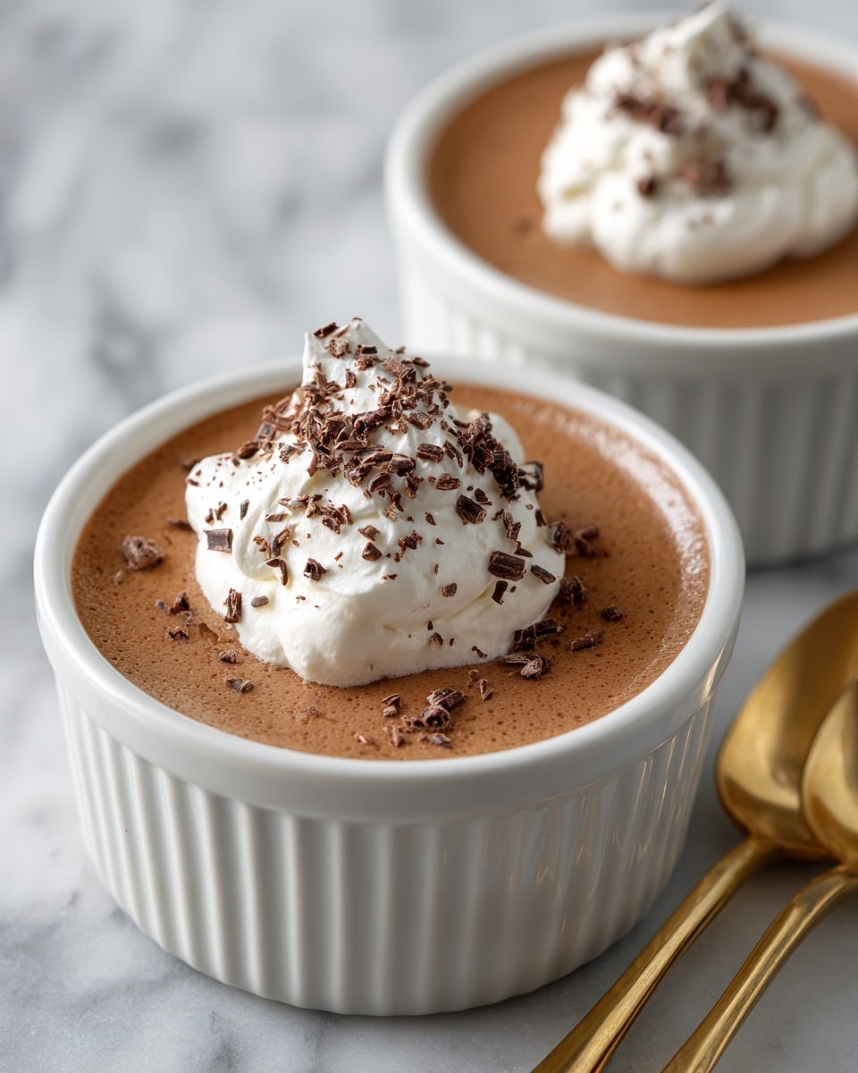 The image shows two white ramekins filled with smooth, light brown chocolate mousse. Each mousse cup has a generous dollop of white whipped cream on top, slightly fluffy with soft peaks, sprinkled with small dark brown chocolate shavings. The ramekins have vertical ridges on the outside. Next to the front ramekin are two gold-colored spoons resting on a surface with a white marbled texture. The background is softly blurred, highlighting the mousse cups. Photo taken with an iphone --ar 4:5 --v 7