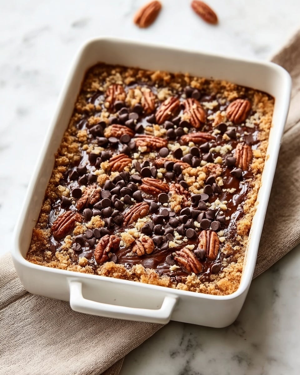 A rectangular white baking dish contains a dessert with three visible layers: the bottom and edges are a golden-brown crumbly crust that is thick and textured, the middle layer appears dark chocolate or fudge-like and smooth, and the top layer is sprinkled with semi-melted dark chocolate chips, small beige crumbles, and whole pecans scattered evenly across the surface. The dish is placed on a white marbled texture with a folded beige cloth nearby. Photo taken with an iphone --ar 4:5 --v 7