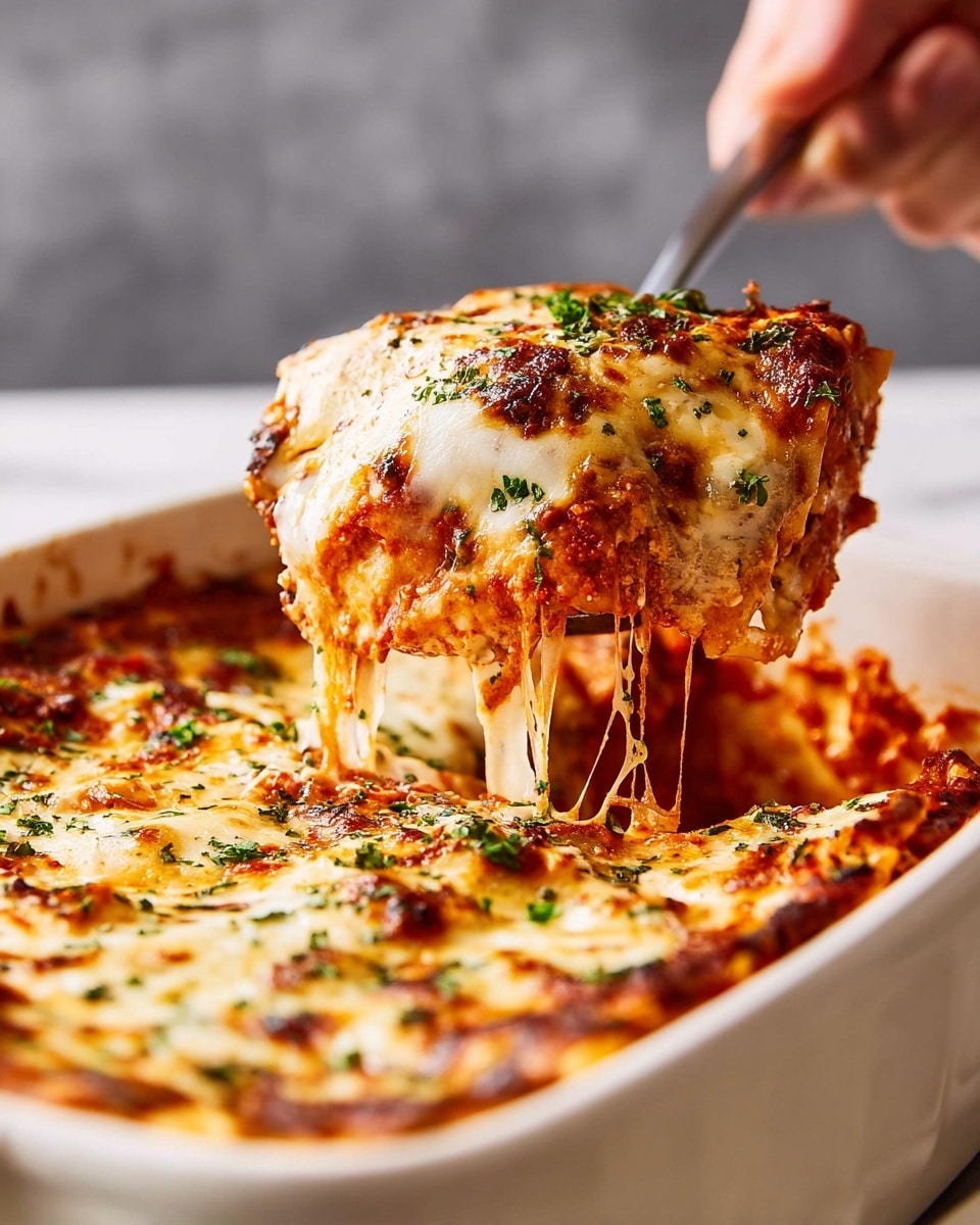 A close view of a lasagna being lifted with a spoon from a white ceramic baking dish, showing a thick, gooey top layer of melted golden-brown cheese with some charred spots and green herb sprinkles, beneath which bright red tomato sauce and layers of pasta can be seen slightly stretched by the lifted portion, the dish set on a white marbled surface, with a person's woman's hand holding the spoon from the right side. Photo taken with an iphone --ar 4:5 --v 7