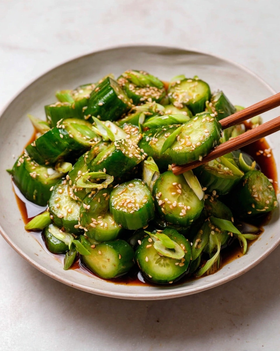 The dish shows a white bowl on a white marbled surface filled with bright green cucumber slices cut into thick rounds. The cucumber has a slightly ridged texture on the outer skin. The cucumber pieces are tossed in a dark soy-based sauce pooling at the bottom. Scattered across the cucumber are light tan sesame seeds and thinly sliced light green scallions. A pair of wooden chopsticks is holding one cucumber slice on the right side of the bowl, with a woman's hand visible just at the edge. The overall look is fresh, with vibrant green colors and a mix of smooth and crunchy textures. photo taken with an iphone --ar 4:5 --v 7