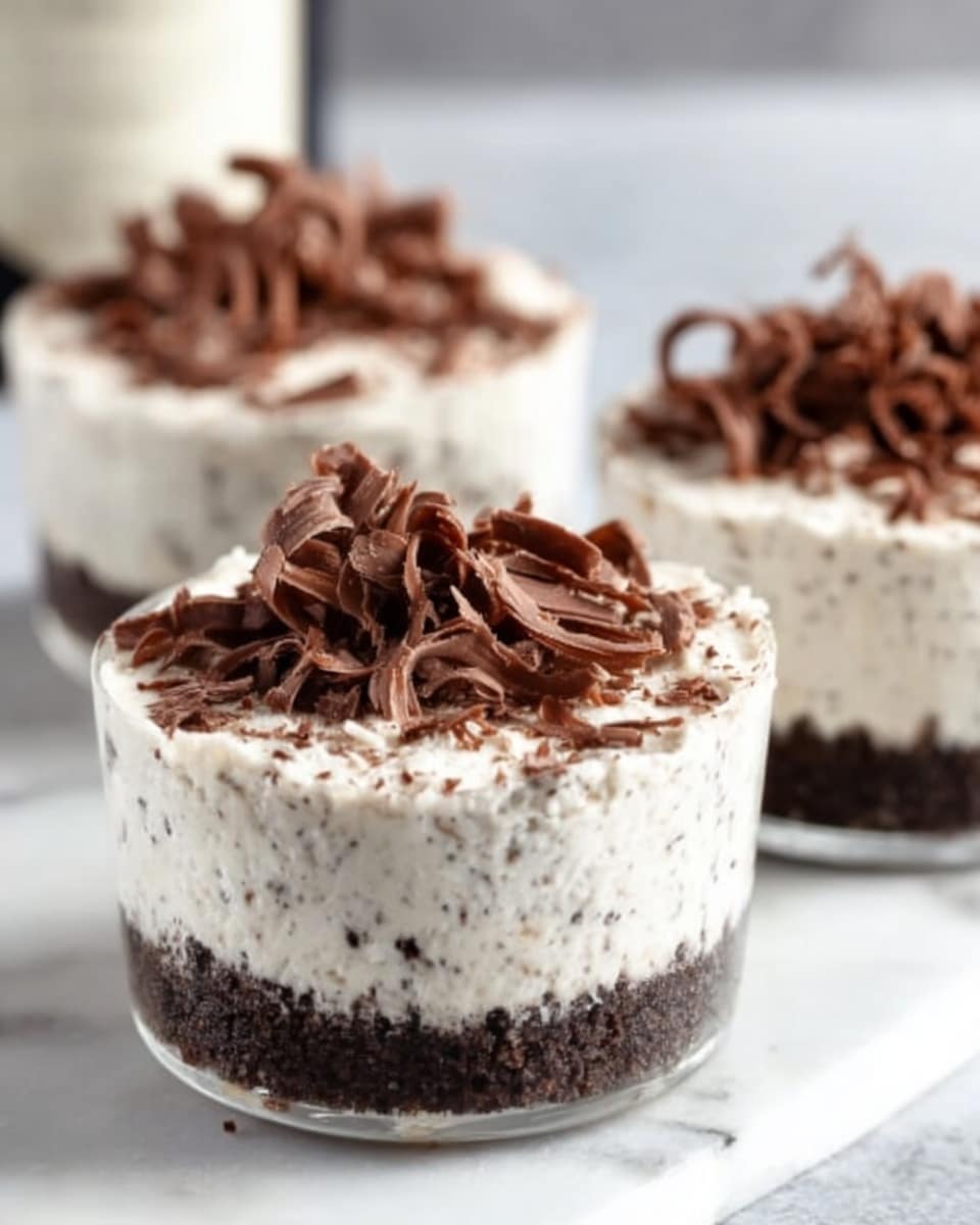 The image shows three small dessert cups with three layers each, placed on a white marbled surface. The bottom layer is dark brown and crumbly, resembling a chocolate cookie crust. The middle layer is thick and creamy white with small specks of chocolate mixed throughout, giving it a slightly textured look. The top layer has delicate, curled chocolate shavings in a rich chocolate brown color, scattered gently over the creamy layer. The cups are clear, showing the layers clearly and the focus is on the dessert closest to the camera. Photo taken with an iphone --ar 4:5 --v 7