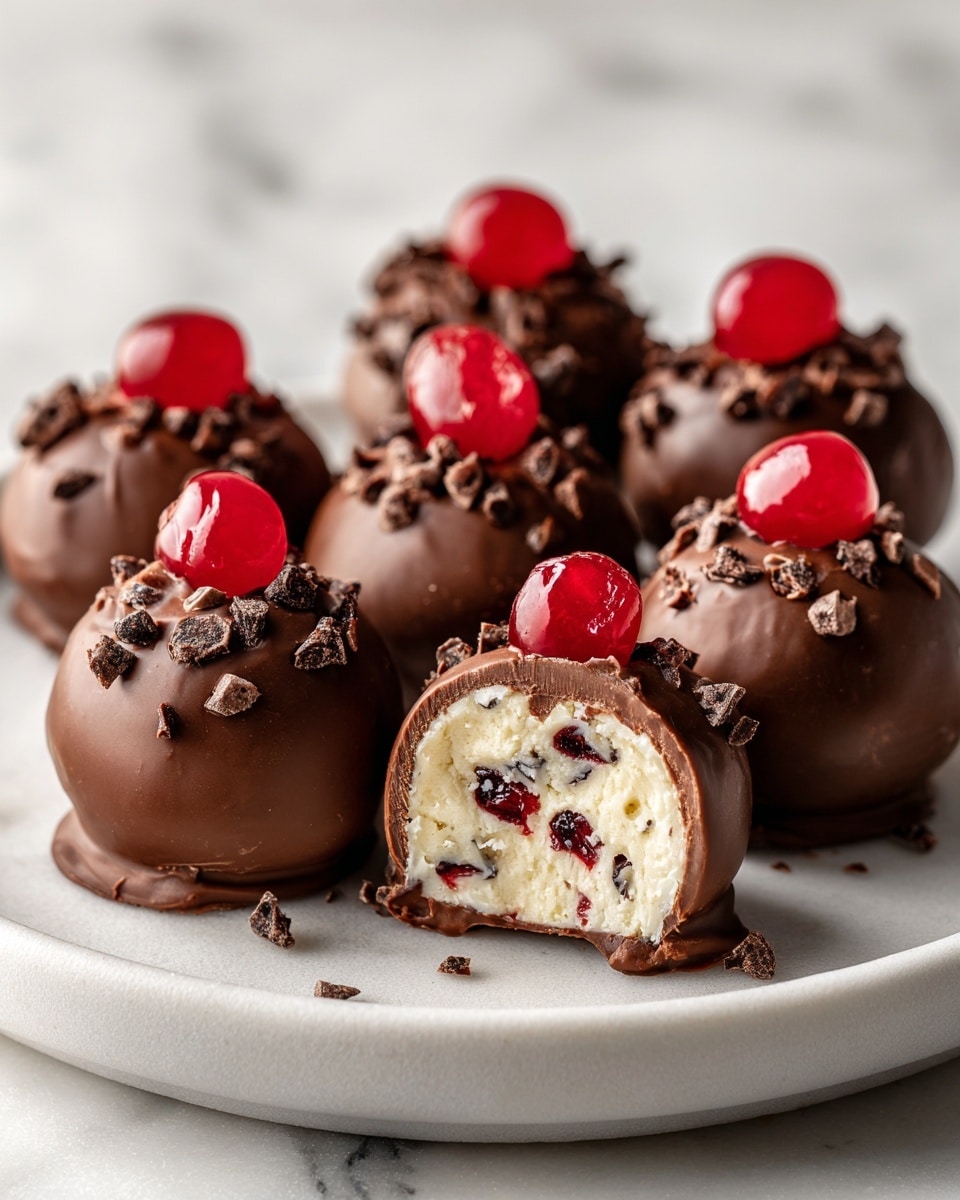 The image shows seven round chocolate truffles on a white plate with a white marbled texture. Each truffle is covered in dark brown smooth chocolate and topped with a bright red cherry piece. One truffle in front is cut in half, revealing a creamy white inside mixed with small dark chocolate chips and red fruit bits. The chocolates have a slightly shiny surface, and the plate sits on a clean white marbled background. photo taken with an iphone --ar 4:5 --v 7