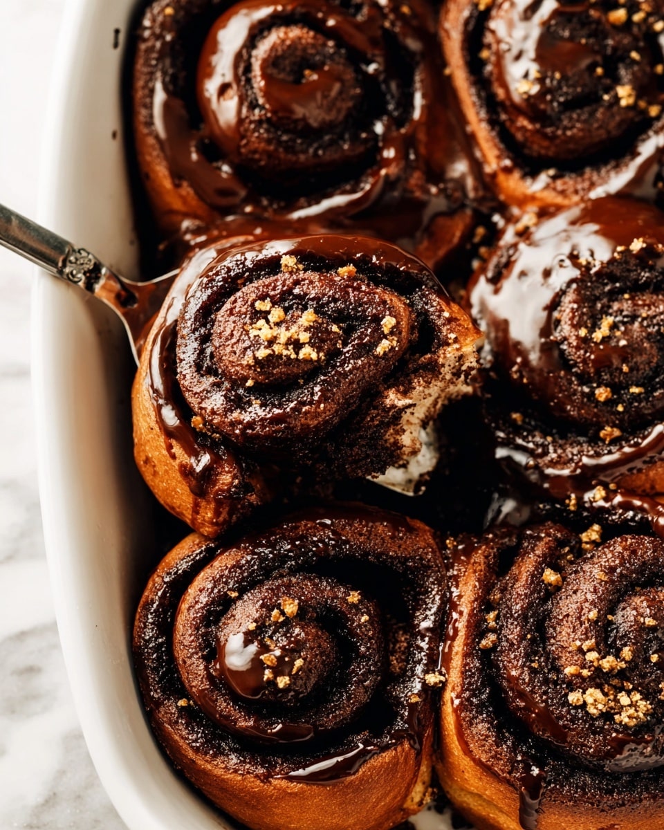 The image shows a close-up of eight chocolate cinnamon rolls tightly placed together in a white dish, each roll featuring multiple soft, dark brown spiral layers of dough with a rich, glossy chocolate glaze generously coating the top and dripping down the sides. Some rolls have a light sprinkling of golden crumbs on top, adding texture contrast. One roll is being lifted by a silver spatula with a worn handle, revealing the soft and moist texture inside. The background is a white marbled texture, enhancing the warm, dark tones of the cinnamon rolls. Photo taken with an iphone --ar 4:5 --v 7