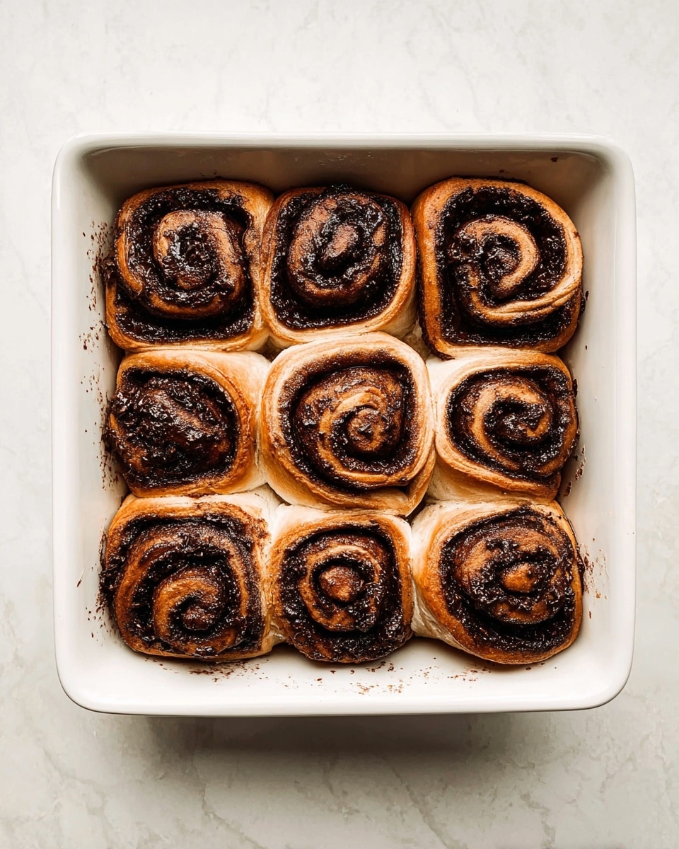 Nine chocolate cinnamon rolls are placed close together in a white square baking dish, filling it completely. Each roll shows one thick, dark chocolate swirl layered evenly inside the soft, golden-brown dough which has a slightly cracked texture on top. The edges of the rolls reveal some darker spots where the chocolate filling melted and slightly caramelized during baking. The dish is set on a white marbled surface adding clean light to the warm, cozy look of the rolls. photo taken with an iphone --ar 4:5 --v 7