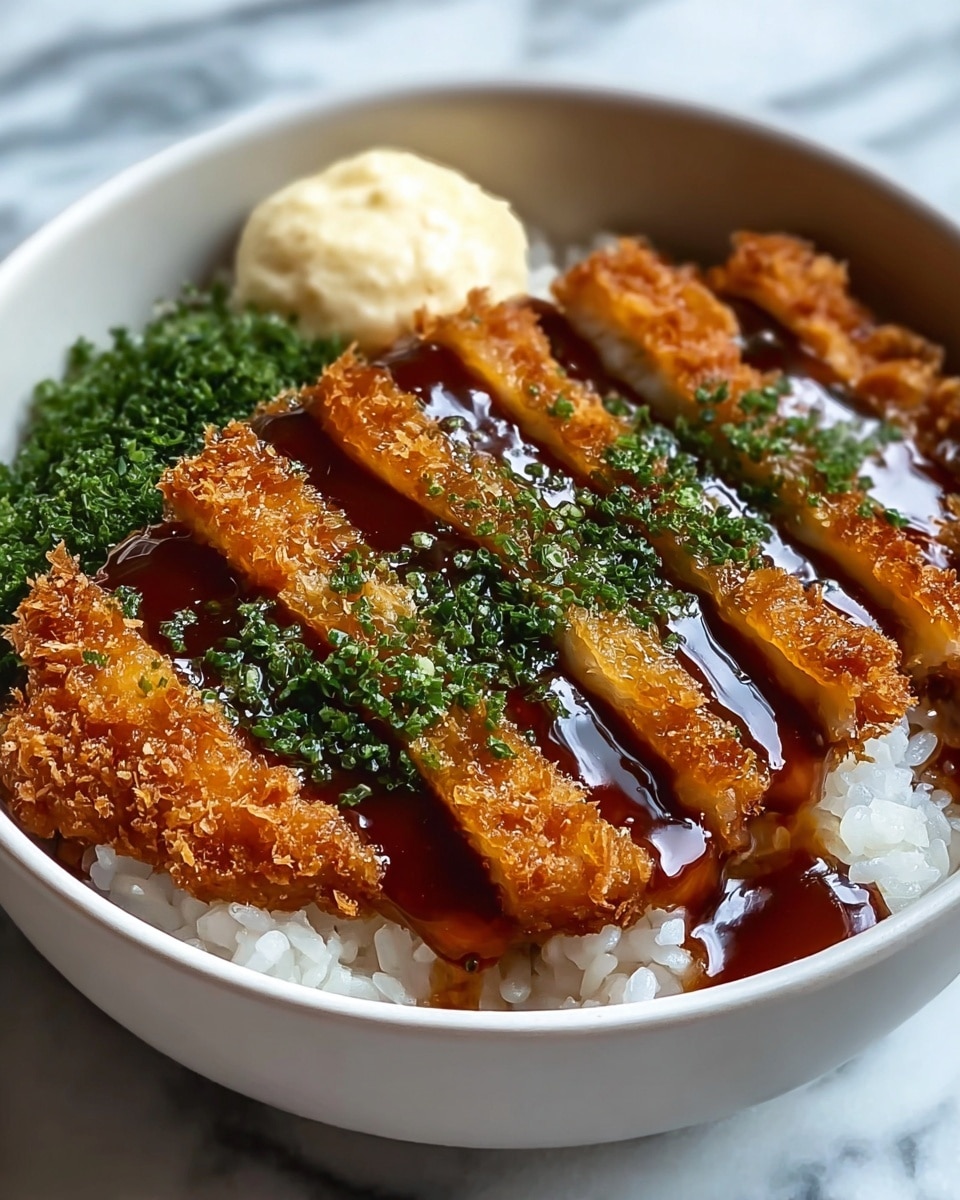 The dish shows a white bowl filled with a base layer of shiny, white steamed rice with a slightly sticky texture. On top, there are five slices of crispy golden-brown fried cutlet arranged neatly in a row, each piece with a crunchy, crumbly outer coating and tender inside. A glossy dark brown sauce is drizzled over the cutlet, creating shiny highlights. Green chopped herbs are sprinkled generously over the sauce, adding a bright green contrast. At the back of the bowl, there is a small mound of light creamy beige-colored sauce and a dollop of thick white sauce, both partially visible. The bowl is placed on a white marbled surface. photo taken with an iphone --ar 4:5 --v 7