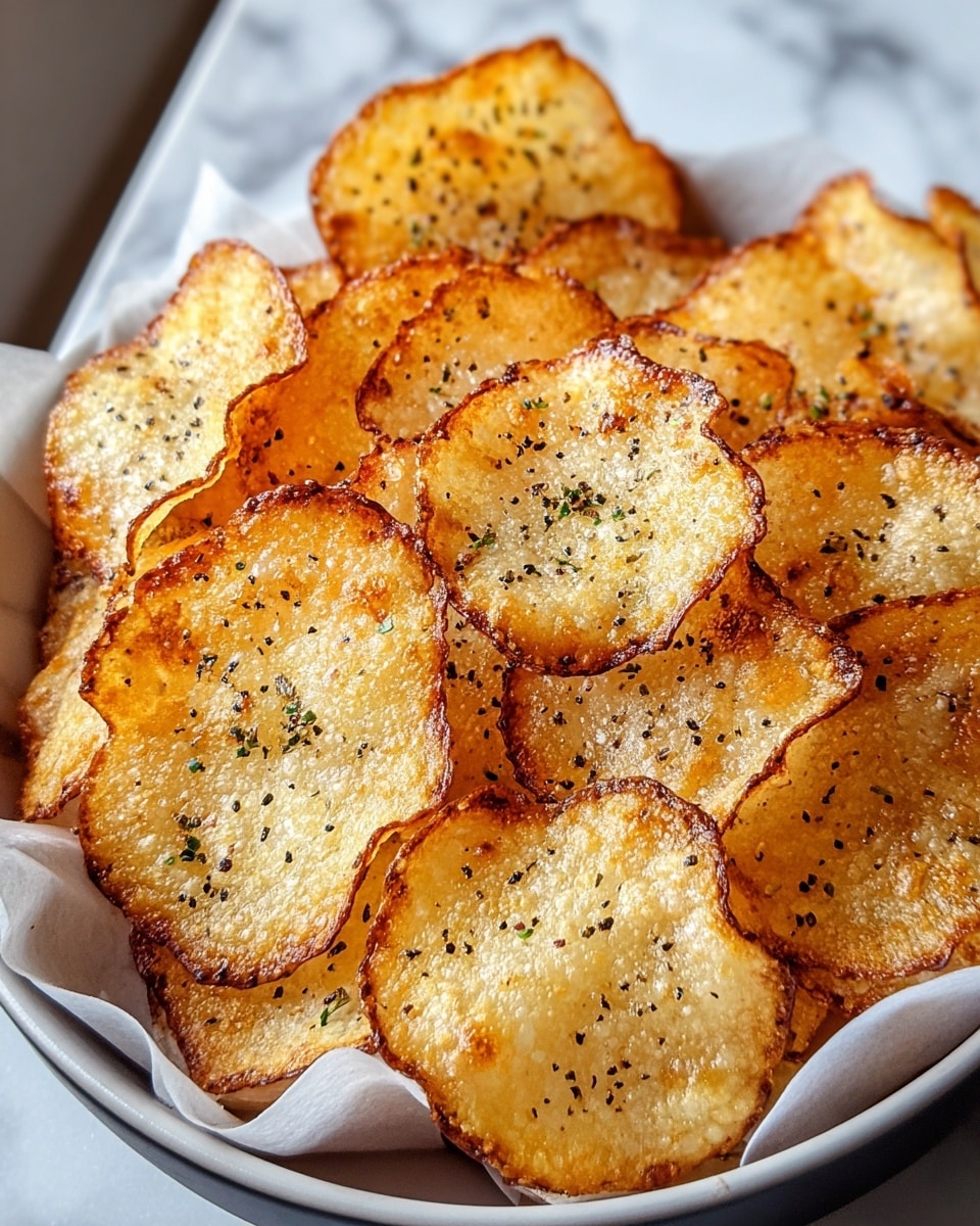 A white bowl filled with one layer of golden brown, thin, and crispy chips with dark brown edges, each chip slightly curled and speckled with coarse black pepper and green herbs. The chips have a slightly shiny surface, showing a light oily texture and some bubbling. The chips lay on a piece of white parchment paper inside the bowl, and the background shows a white marbled surface. photo taken with an iphone --ar 4:5 --v 7