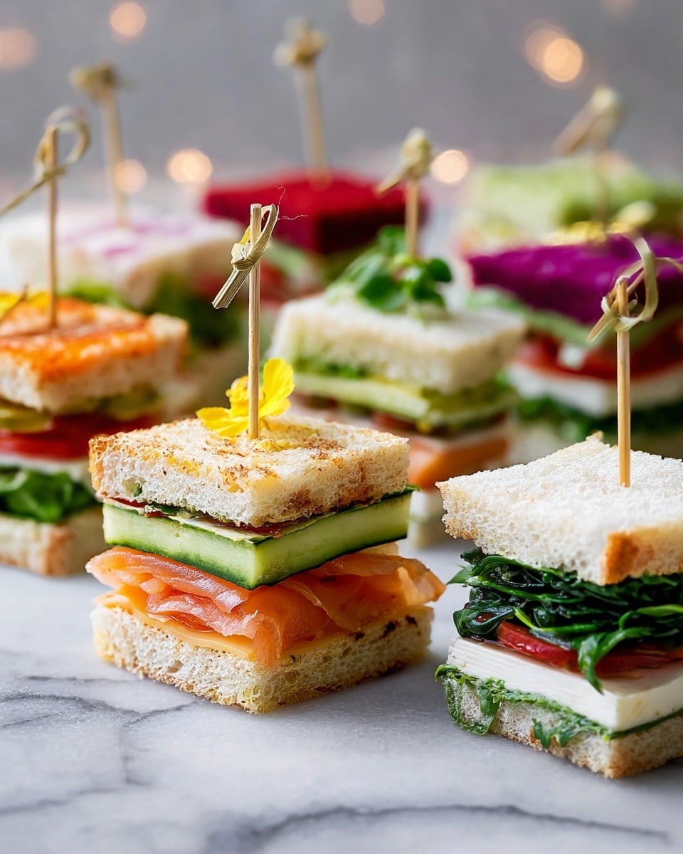 This image shows two rows of small square sandwiches on a white marbled surface. Each sandwich has three layers of light brown toasted bread with a soft texture. The front-left sandwich has thin green cucumber slices on the bottom, bright orange smoked salmon, green leafy vegetables, and a small yellow garnish, held together with a wooden skewer. The front-right sandwich has thick white cheese on the bottom, dark green spinach leaves, red tomato slices, and a green spread, also held with a wooden skewer. In the background, other sandwiches include layers of white bread, green leafy vegetables, red, and a bright purple spread, each secured by wooden skewers. The overall look is fresh and colorful with clear layering in each sandwich. Photo taken with an iphone --ar 4:5 --v 7