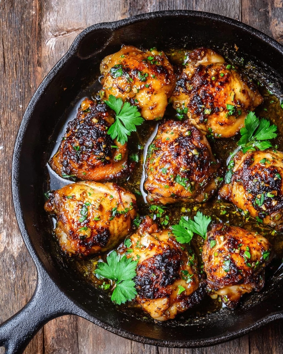 The image shows a black cast iron pan filled with eight pieces of grilled chicken thighs. Each piece is golden brown with darker charred spots and glistens with a shiny glaze of oil and spices. Small green herb bits are sprinkled over the chicken, adding contrast, and three sprigs of fresh parsley lie on top, adding a pop of bright green color. The pan rests on a worn wooden surface, but the final description should place it on a white marbled texture. photo taken with an iphone --ar 4:5 --v 7