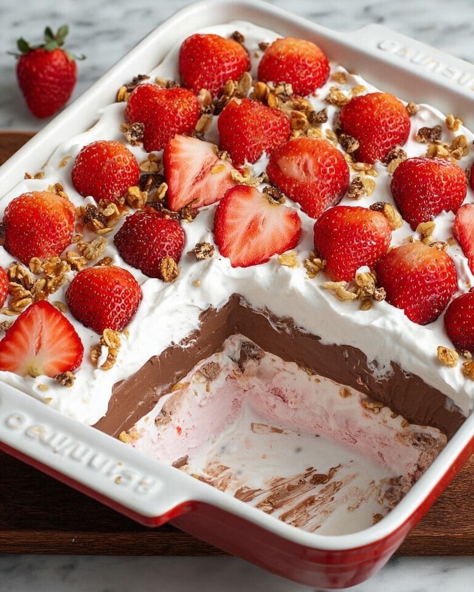 A rectangular white baking dish holds a dessert with three clear layers. The bottom layer is light pink with a creamy texture mixed with small bits, the middle layer is a smooth dark brown chocolate, and the top layer is thick white whipped cream. The top is decorated with bright red sliced strawberries arranged evenly and small clusters of crunchy granola scattered between the strawberries. One corner of the dessert is scooped out, showing all the layers clearly. The dish is placed on a white marbled surface. photo taken with an iphone --ar 4:5 --v 7