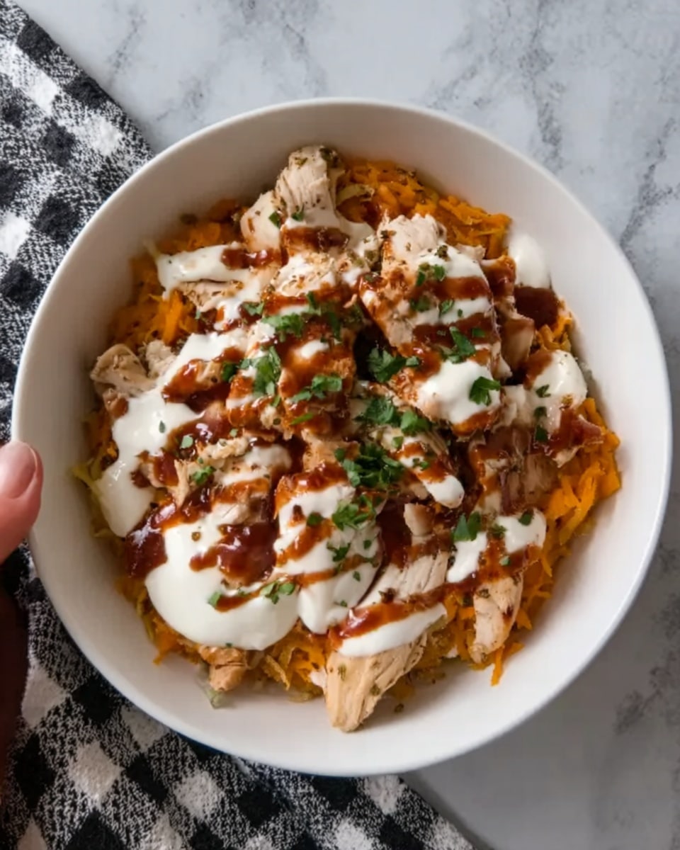 A white bowl filled with a layered dish starting with a base of shredded orange sweet potatoes. On top of that, there are pieces of cooked chicken that look tender and slightly browned. Over the chicken, a thick drizzle of creamy white sauce covers the center, with a reddish-brown sauce spread partially over it. Small bits of chopped green herbs are sprinkled around, adding a touch of green color. A woman's hand is holding the bowl from the side on a white marbled surface with a checkered cloth nearby. Photo taken with an iphone --ar 4:5 --v 7