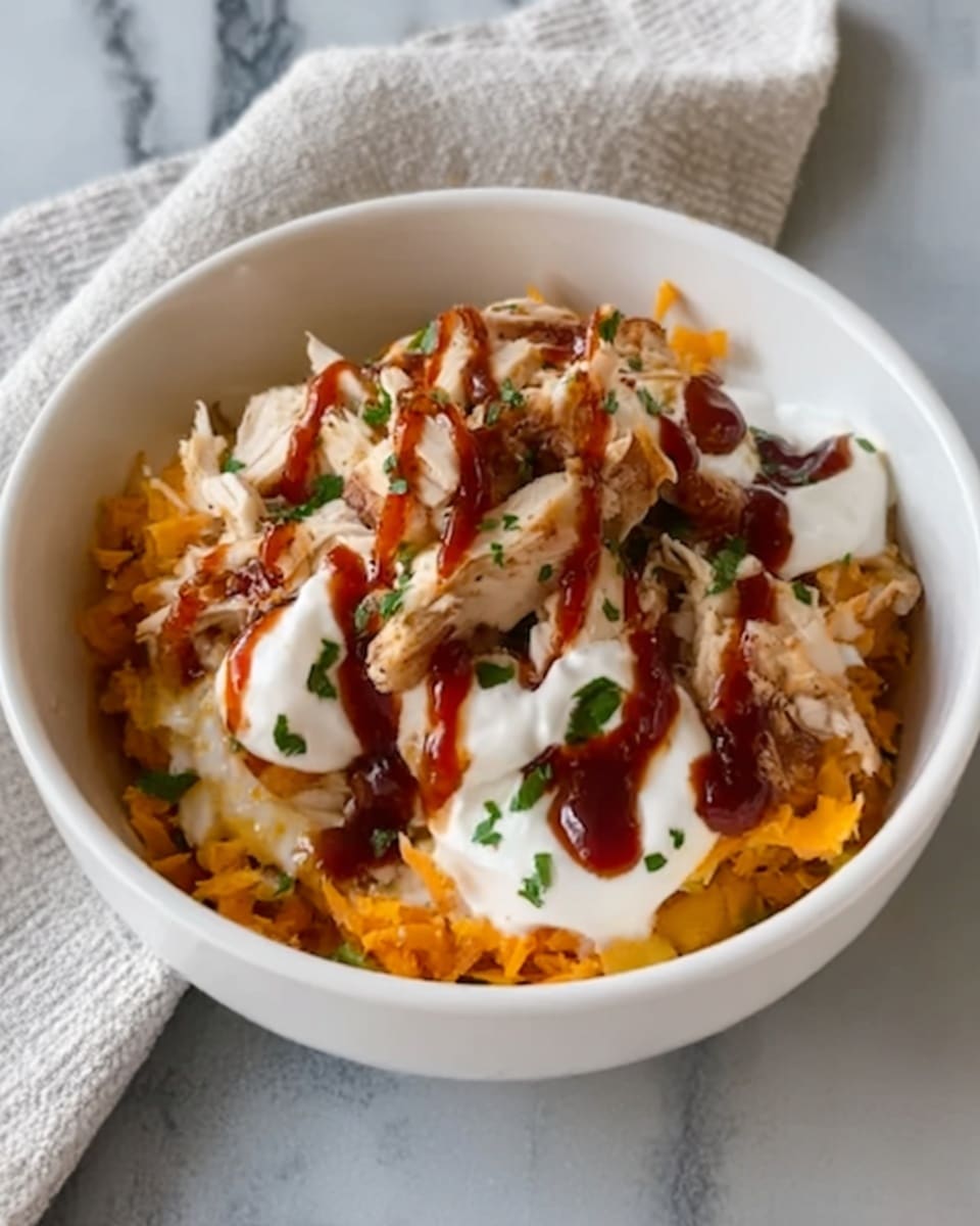 A white bowl filled with a colorful layered dish: the bottom layer is soft, shredded orange sweet potatoes, topped with pieces of light brown cooked chicken. On top of the chicken there is a drizzle of thick red sauce, with dollops of white sour cream and small bits of green herbs scattered around. The bowl rests on a white marbled surface with a folded cloth napkin beside it. photo taken with an iphone --ar 4:5 --v 7