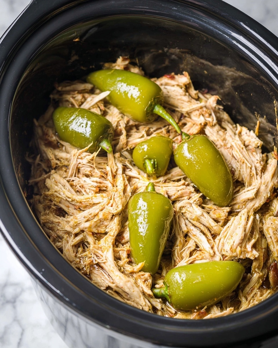 The image shows a close-up of a slow cooker with shredded chicken inside, with the chicken pieces in light brown color, soft and fibrous texture mixed evenly. Four whole small green peppers with a shiny surface and some dimples are placed on top, adding a pop of green color. The inside of the slow cooker is black, providing a dark contrast to the lighter tones of the chicken and peppers. The surrounding surface is a white marbled texture, and the shot is focused on the food inside. photo taken with an iphone --ar 4:5 --v 7