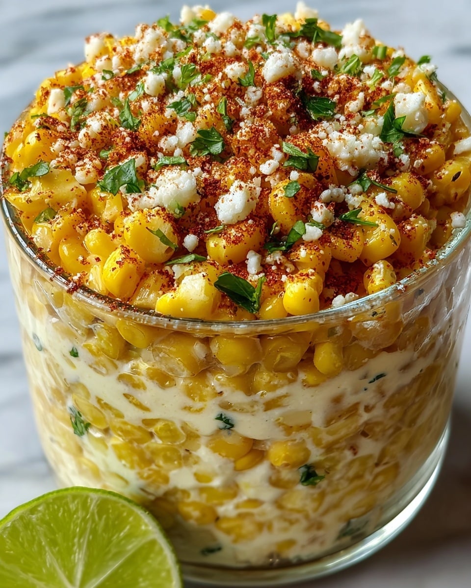 A close-up view of a layered corn dish in a clear glass container. The bottom layer consists of yellow corn kernels mixed with a creamy white sauce, visible through the glass. The top layer is a generous mound of bright yellow corn kernels, sprinkled with small white crumbly cheese pieces, green chopped herbs, and reddish-brown spices. A slice of fresh lime is placed behind the container. The background is a white marbled texture. Photo taken with an iphone --ar 4:5 --v 7