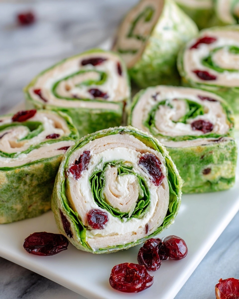 The image shows several pinwheel sandwiches on a white rectangular plate, placed on a white marbled surface. Each sandwich has about four visible layers: the outermost layer is a green spinach wrap, inside it is a layer of white cream cheese spread with pieces of red dried cranberries scattered throughout, then a layer of light beige turkey or chicken slices, and finally, there is a layer of green leafy lettuce wrapped inside. The sandwiches are sliced to show the swirl of all layers. Some dried cranberries are also scattered around the plate. Photo taken with an iphone --ar 4:5 --v 7