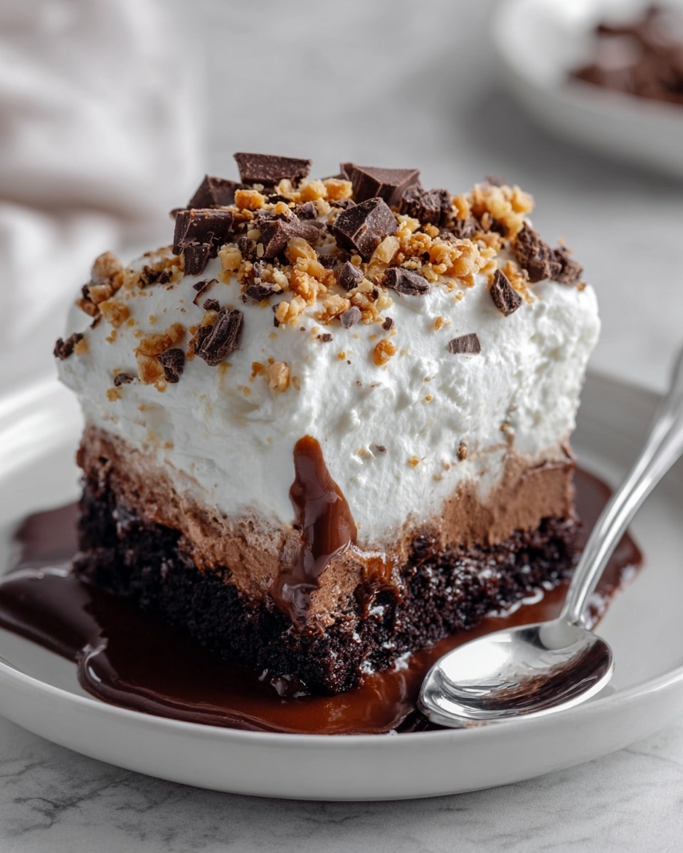 A rich dessert with three visible layers is shown on a white plate set on a white marbled texture. The bottom layer is dark chocolate cake soaked in thick, glossy chocolate sauce that spreads around the plate. Above it is a smooth, creamy milk chocolate layer that looks soft and slightly melted. The top layer is thick, white whipped cream, fluffy and piled high, sprinkled with crunchy caramel bits and chopped dark chocolate pieces. A shiny silver spoon rests on the plate beside the dessert. Photo taken with an iphone --ar 4:5 --v 7
